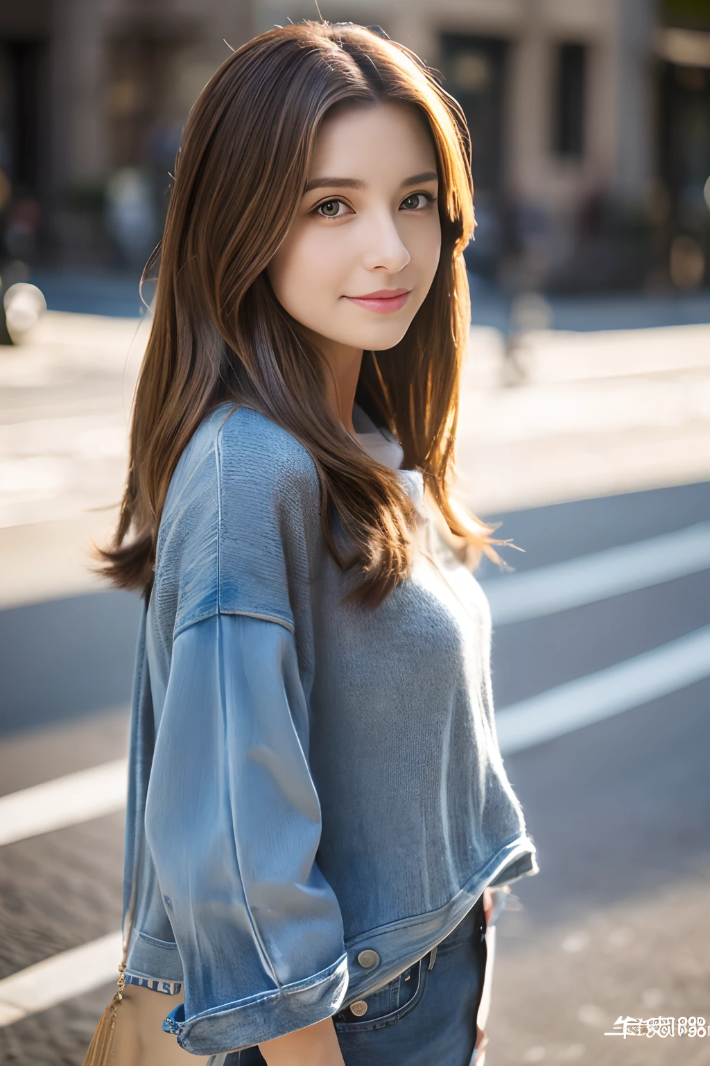 ((top-quality、in 8K、​masterpiece:1.3))、foco nítido:1.2、Beautiful woman perfect body:1.4、Slim abs:1.2、((Rob Heyer、straight haired:1.2))、(Gray knitwear、denim:1.1)、(Sateen、a street:1.2)、wetbody:1.5、Three-dimensional texture、A detailed eye、Brown hair、Very shiny hair、posterior view、Hair quality improvement