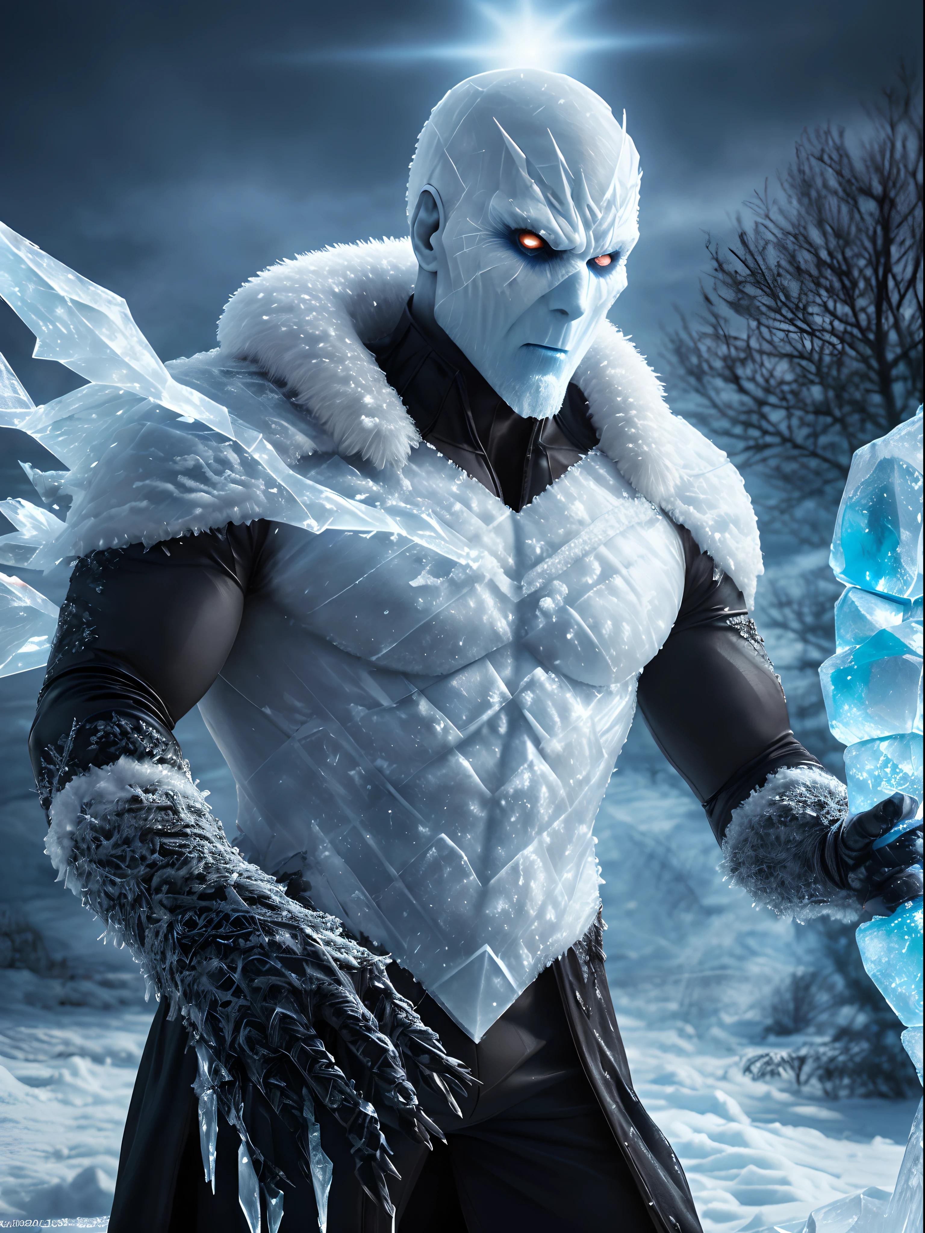 Close-up (Winter theme, scary Ice-man from Marvel in Goth style: 1.3) Frozen land, emerging from the frozen bloody snow, extremely detailed, smoke, sparks, flying debris, volumetric light