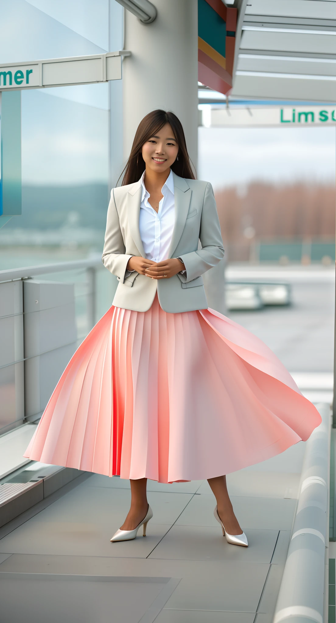 (shy:1,2) (smiling;1,1) woman playing with skirt, dancing, wearing short blazer and very very detailed (long (fully pleated) full circle skirt) and (simple) low heeled office shoes, very very intricate hyper-detailed symmetric (attractive graceful young feminine face) with (sad, tired eyes and a shy smile), large breasts, full of empathy and compassion and love, (pronounced (feminine) features), (highly detailed ultra accurate realistic) hands and fingers, (windy conditions and wind blowing), epic composition, highly detailed attributes, highly detailed space station background, (35mm f1.4 Kodak portra 400 photograph), extremely high quality RAW photograph,