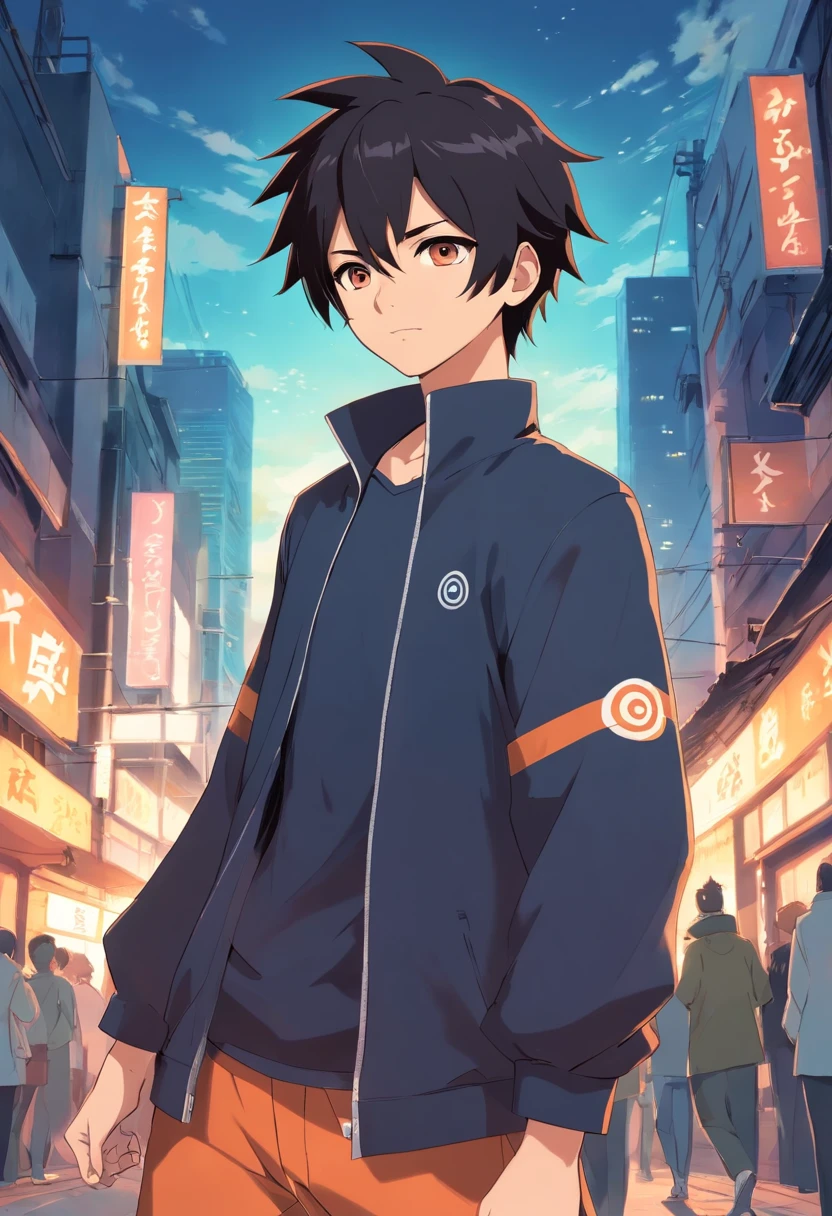 um personagem estilo anime do anime naruto cabelo preto 1,77 de altura corpo estetico traje preto homem
