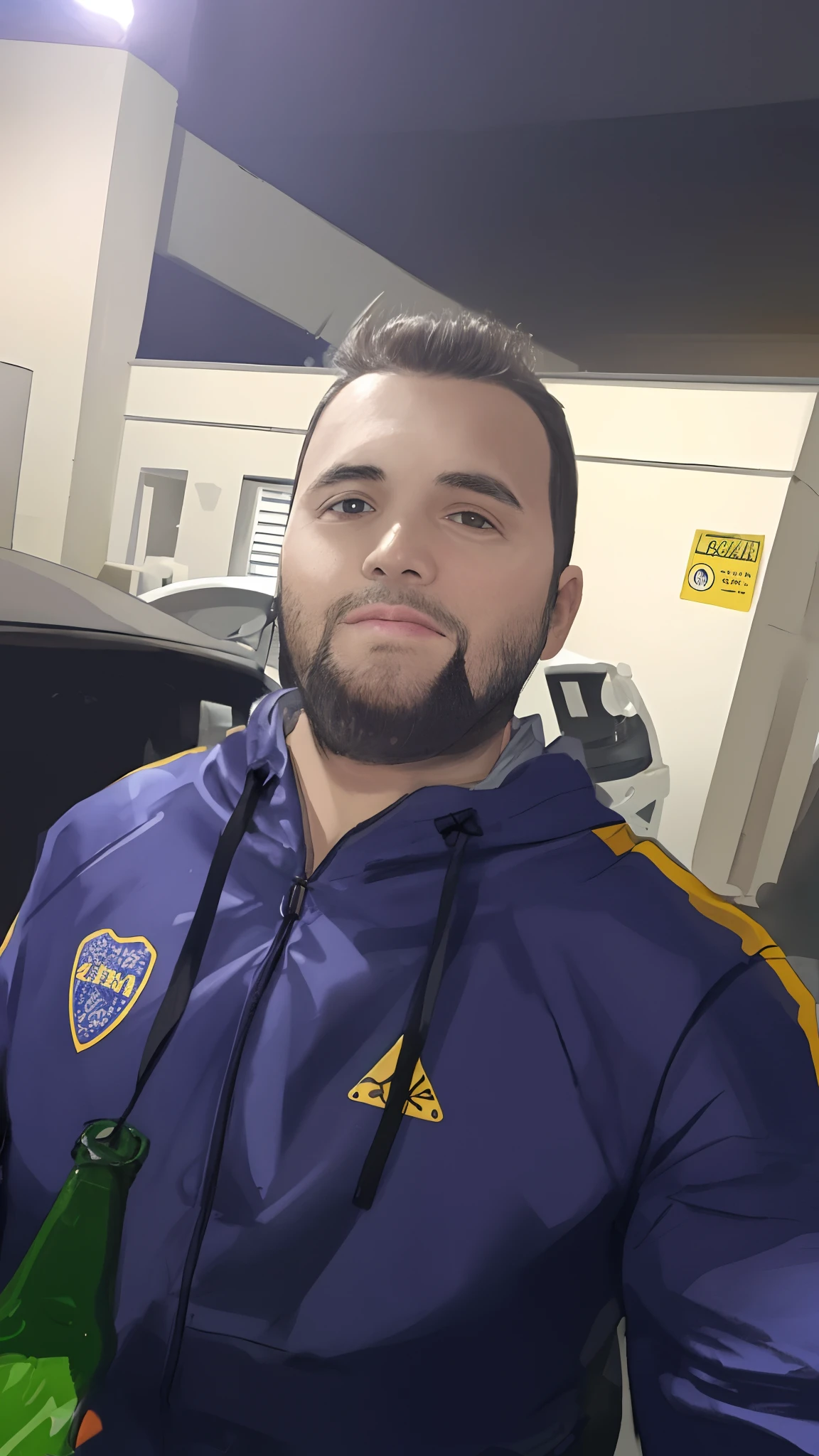 Homem de 39 anos casaco azul cabelo baixo castanho barba falhada