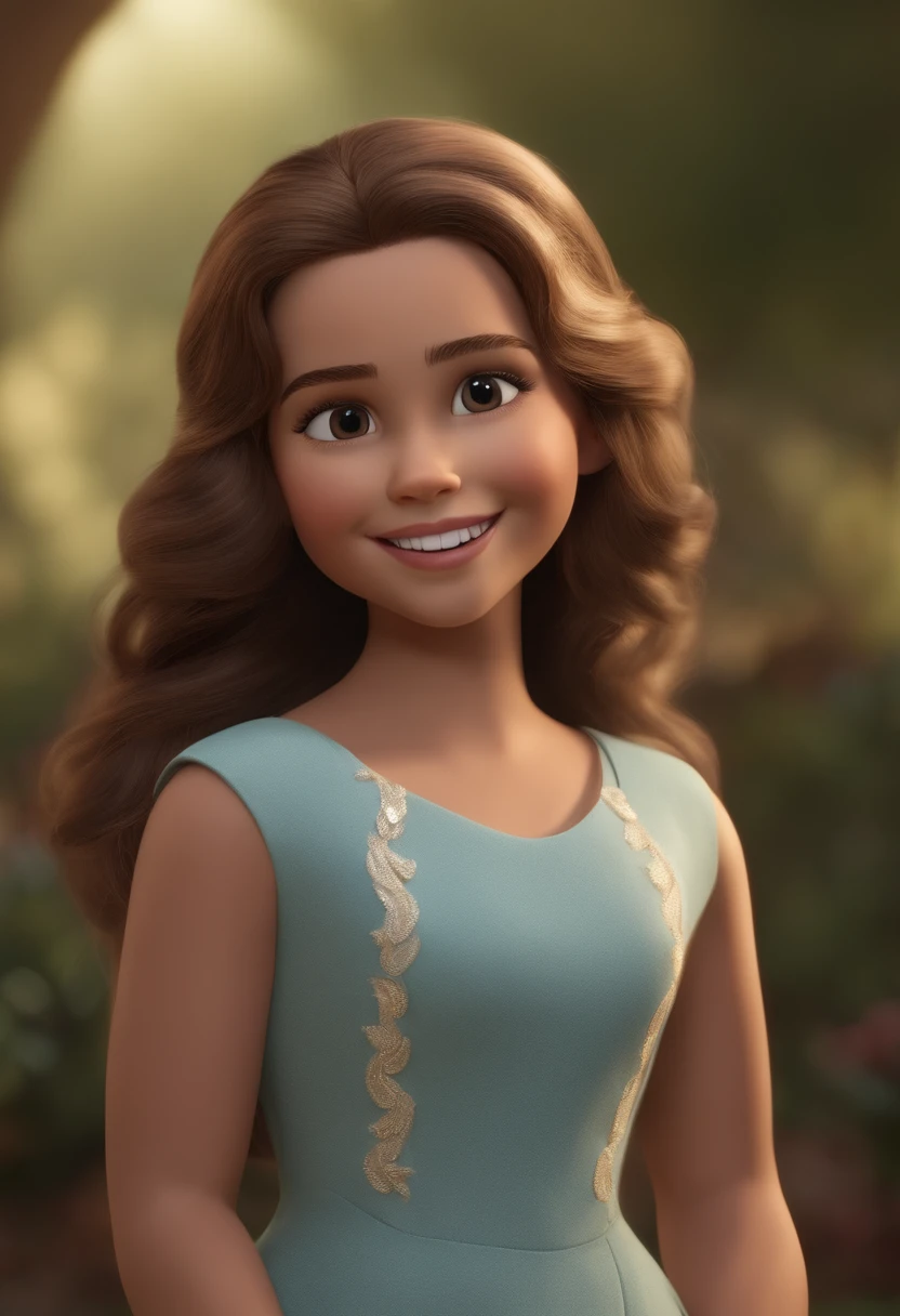 Image of a girl for a story in a YouTube video in disney pixar 3d format, she's the little Pearl, She's outgoing, Brincalhona. tem 4 anos de idade, rosto oval, pele morena escura, cabelos crespos encaracolados castanhos claro bem cacheados na altura das costas, dentinhos perfeitos clarinhos fisionomia delicada, sorriso lindo. fazendo parte do filme divertidamente