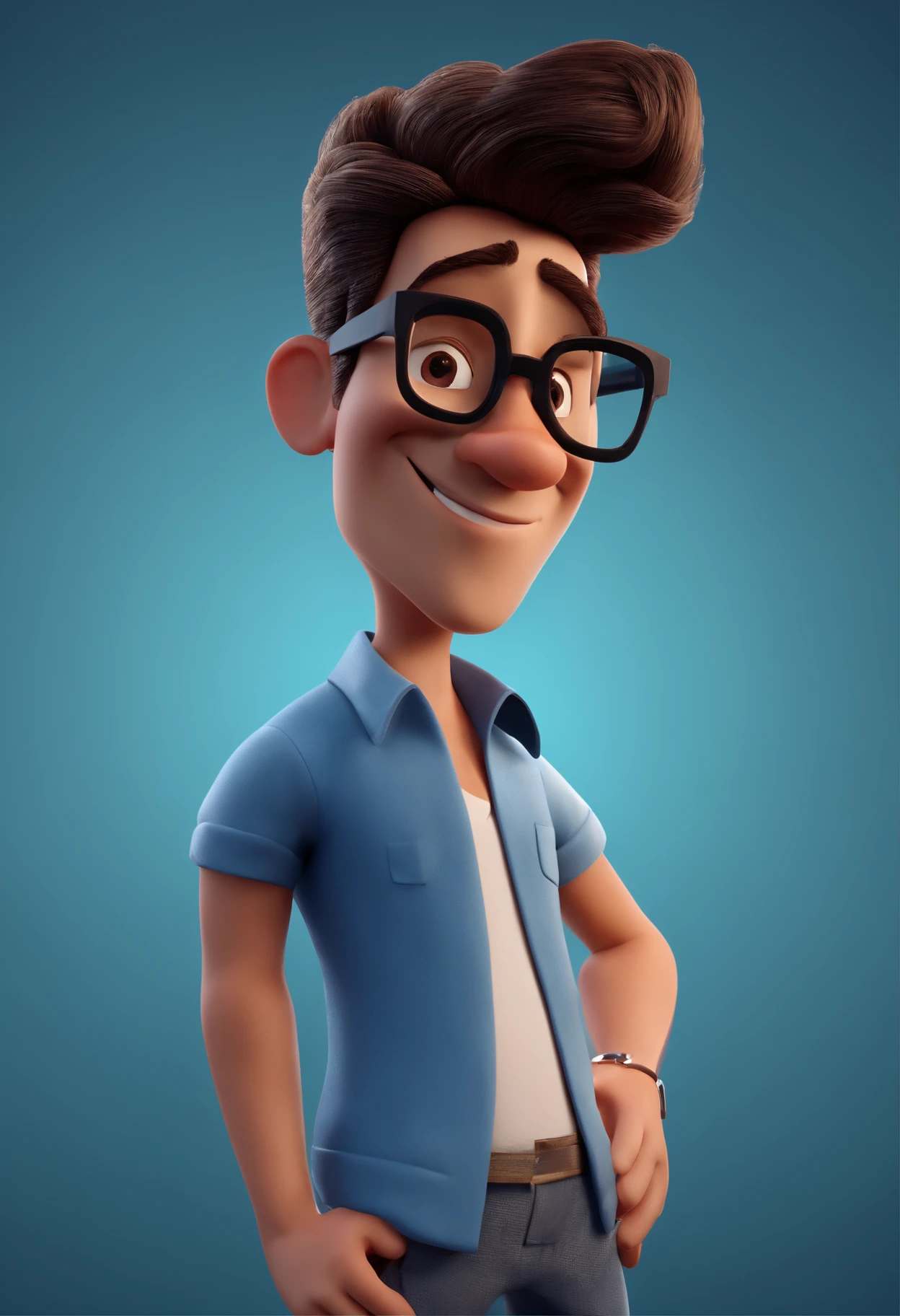 Cartoon character of a man with black glasses and a blue shirt, animation character, Caractere estilizado, animation style rendering, 3D estilizado, Arnold Maya render, 3 d render stylized, toon render keyshot, Personagem 3D, Personagem 3D, 3d rendering stylized, 3 d character render, personagem de desenho animado, Personagem de close up, Pose de personagem, (Estilo Pixar) (master part:1.2) (Bokeh) (best quality) (pele detalhada) (textura detalhada) (8k) (argila) (Cinematic lighting) (foco nítido