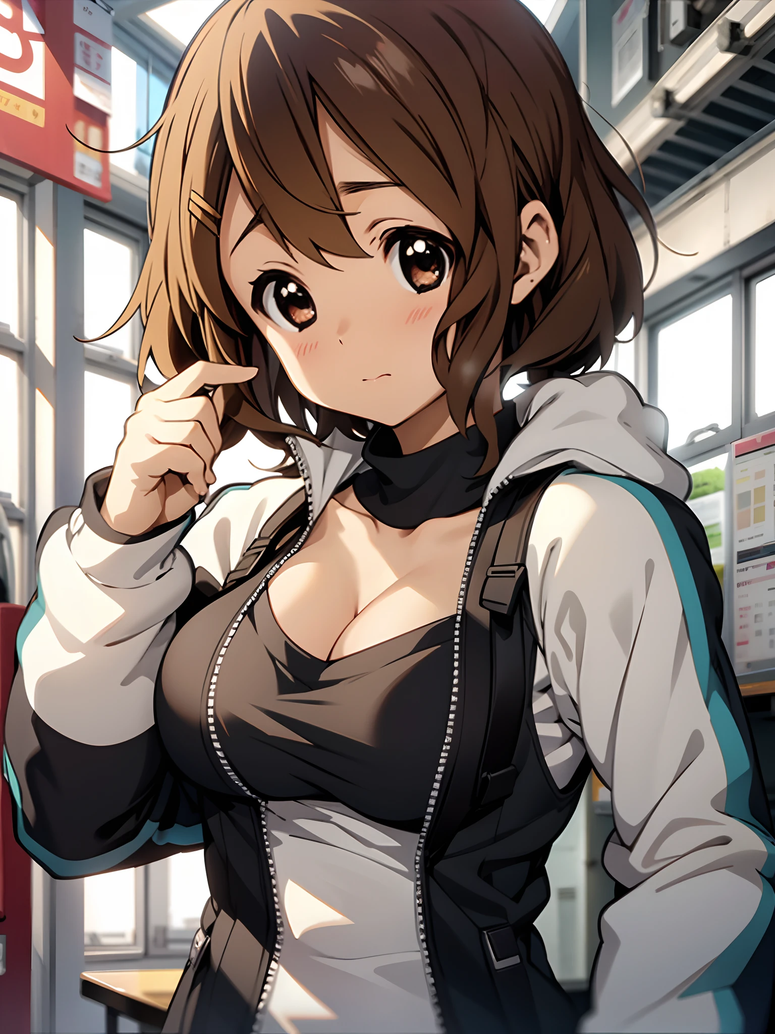 Yui Hirasawa, blushing, uniform, cute anime girl, cleavage