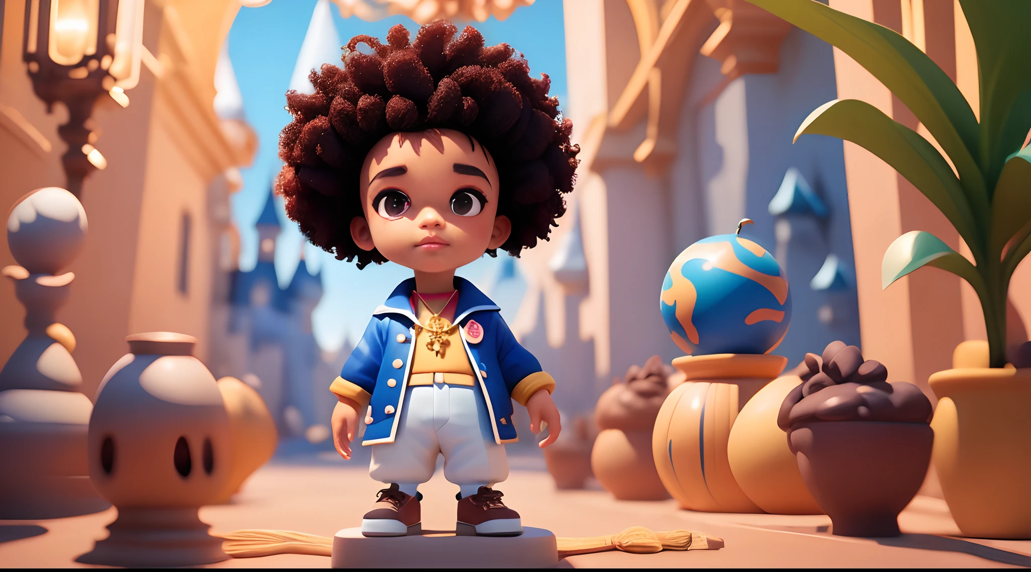 Um garoto negro, cabelo afro cacheado, regata branca, Golden Thin Cord with Cross Pendant, estilo disney pixar, alta qualidade, melhor qualidade. Garoto,estilo disney, tom de pele: negra: Cabelo: preto escuro,curto, penteado para o lado direito. camisa: social, Cor azul. Fundo: no castelo(estilo pixar) (obra-prima:1.2) (bokeh) (melhor qualidade) (pele detalhada) (textura detalhada) (8k) (claymation) (cinematic lighthing) (foco nítido