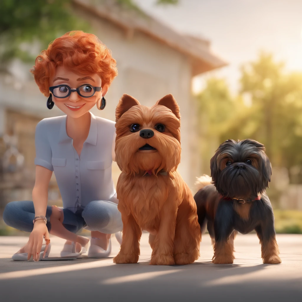 A 50-year-old woman with medium light red hair with short black glasses accompanied by two male caramel shitzu dogs