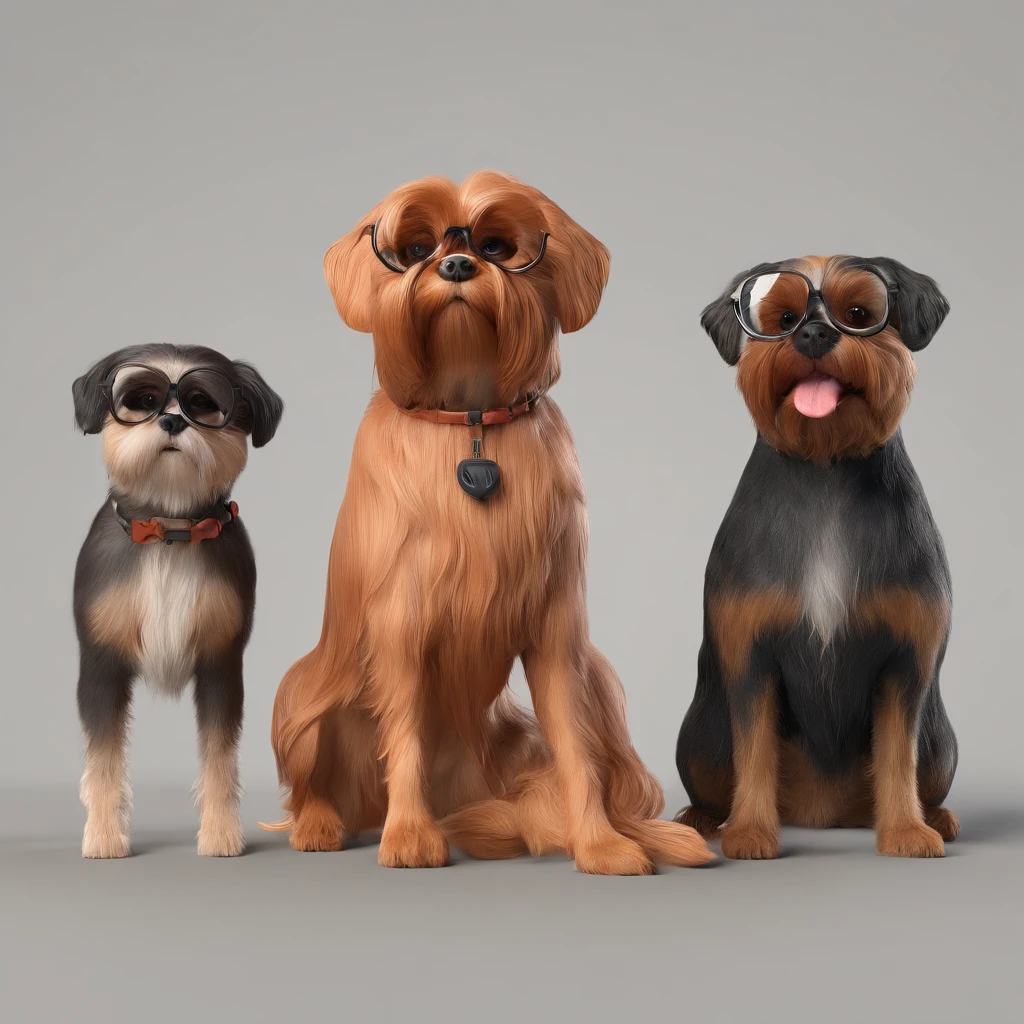 A 50-year-old woman with medium light red hair with short black glasses accompanied by two male caramel shitzu dogs