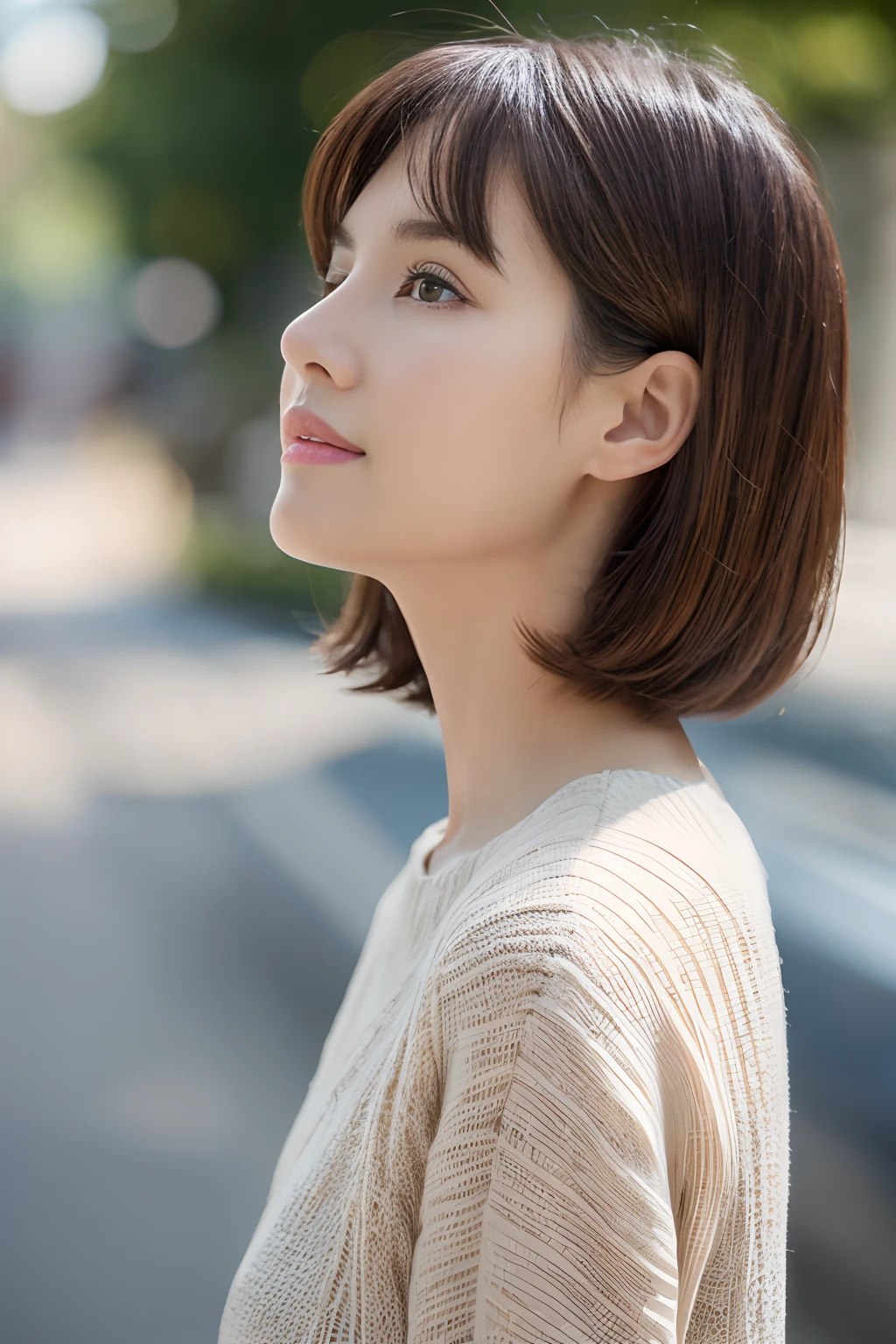 ((top-quality、in 8K、masterpiece:1.3))、foco nítido:1.2、Beautiful woman perfect body:1.4、Slim abs:1.2、((Bob Heyer、straight haired:1.2))、(Gray knitwear、denim:1.1)、(Sateen、a street:1.2)、wetbody:1.5、Three-dimensional texture、A detailed eye、Brown hair、Very shiny hair、posterior view、Hair quality improvement