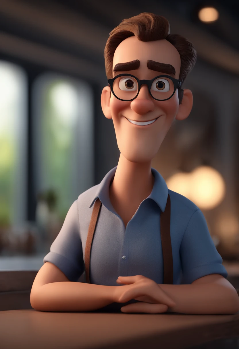 Cartoon character of a man with black glasses and a blue shirt, animation character, Caractere estilizado, animation style rendering, 3D estilizado, Arnold Maya render, 3 d render stylized, toon render keyshot, Personagem 3D, Personagem 3D, 3d rendering stylized, 3 d character render, personagem de desenho animado, Personagem de close up, Pose de personagem,  (Estilo Pixar) (master part:1.2) (Bokeh) (best quality) (pele detalhada) (textura detalhada) (8k) (argila) (Cinematic lighting) (foco nítido