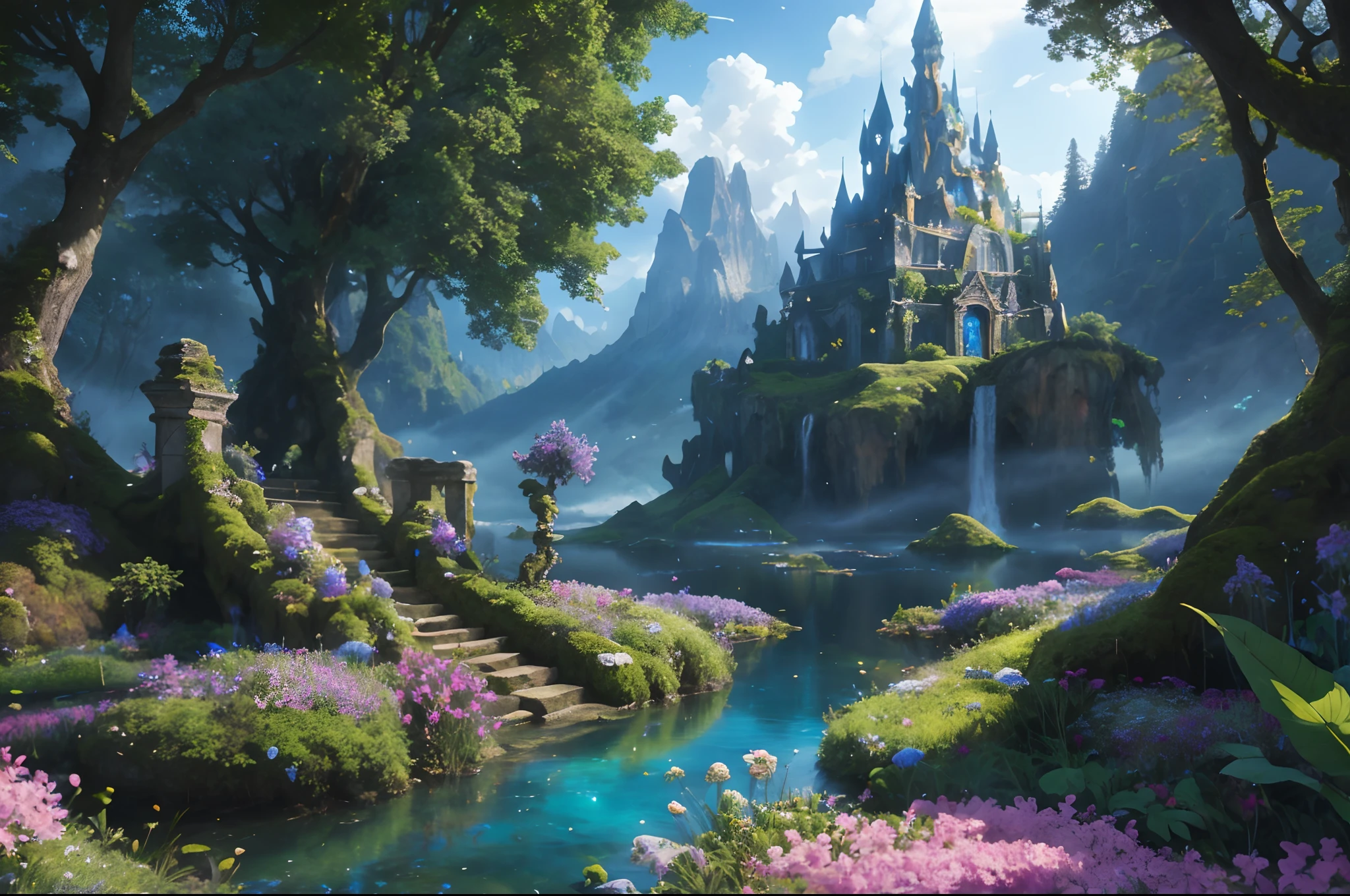 (best quality,4k,8k,highres,masterpiece:1.2),ultra-detailed,(realistic,photorealistic,photo-realistic:1.37),fantasy landscape,enchanted forest,shimmering waterfall,mythical creatures,glowing plants and flowers,magical mist,ethereal atmosphere,surreal color palette,dreamy lighting,enchanting flora and fauna,whimsical trees and foliage,majestic mountains,cascading river,picturesque scenery,floating islands,endless sky,pixie dust,dazzling sunlight,dramatic clouds,mysterious ruins,hidden paths,serene stillness,ancient magic,peaceful harmony,fairy tale-like setting,storybook ambiance,transcendent beauty,nature's symphony,enchanted realms,celestial wanderers,imagination's playground,awe-inspiring majesty,transportive experience,limitless possibilities.
