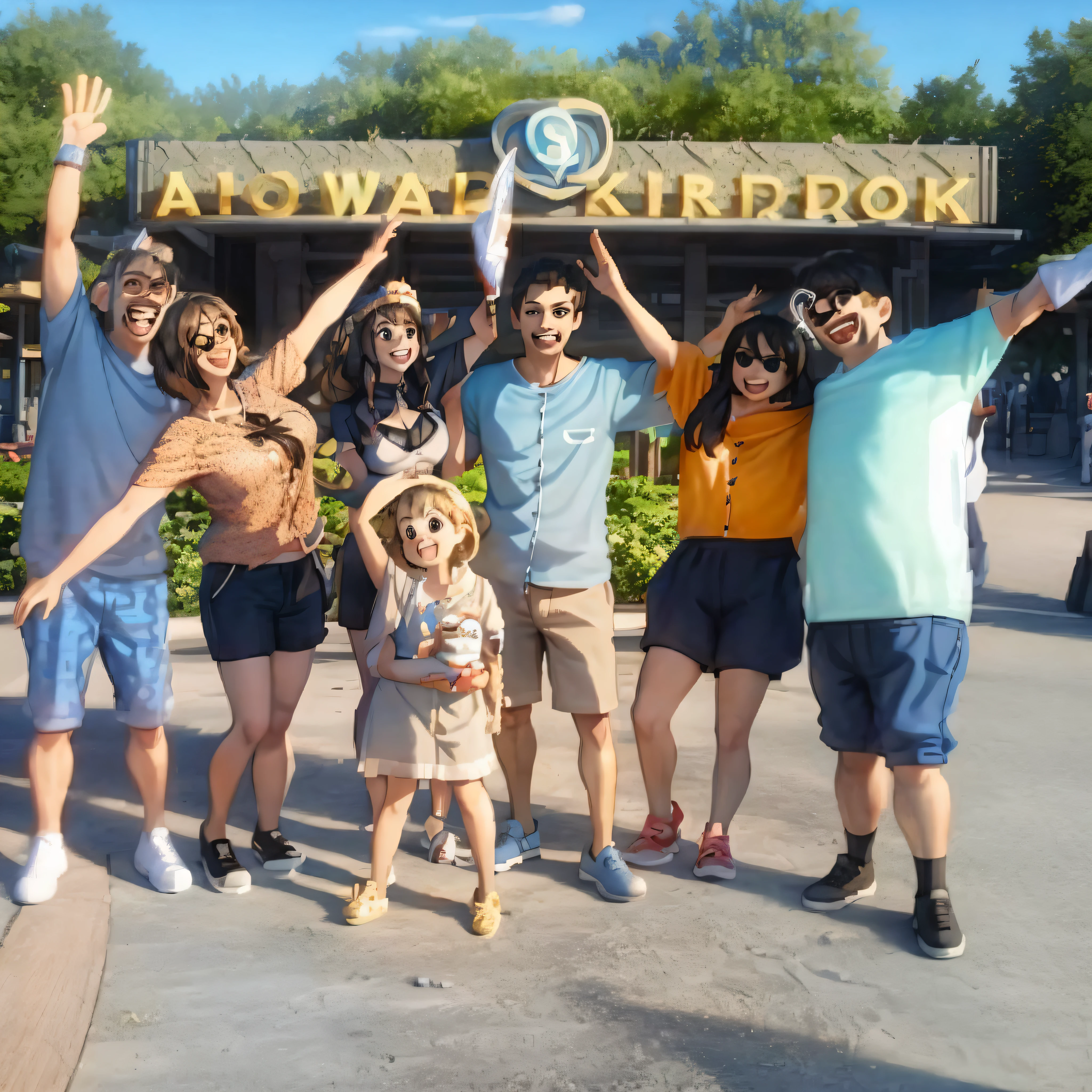Family in Pixar World cartoon style in front of Animal Kingdom park on vacation