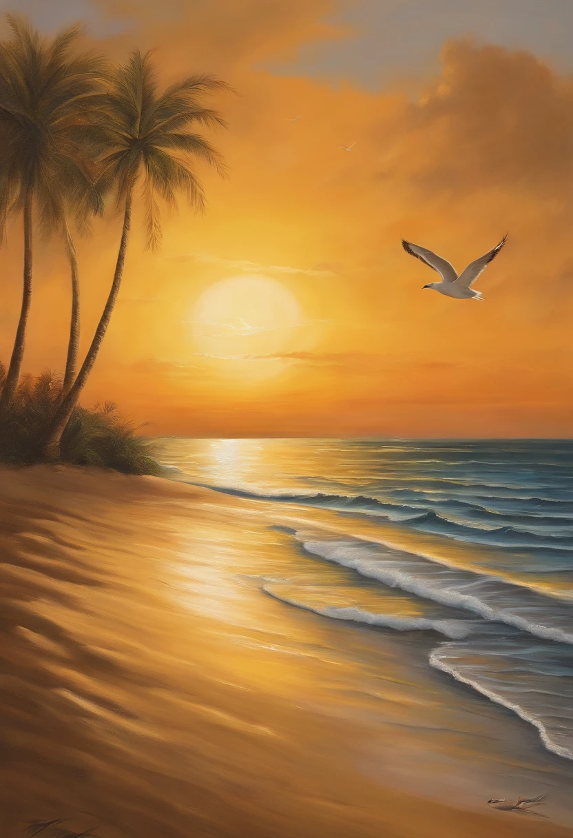 A tranquil seaside sunset, with gentle waves, a sandy beach, seagulls flying above, shimmering reflections in the water, palm trees swaying in the breeze. The scene is bathed in warm, golden hues, creating a serene and peaceful atmosphere. The painting is done in a realistic style, with ultra-detailed brushstrokes capturing every intricate detail of the landscape. The colors are vivid and vibrant, evoking a sense of joy and tranquility. The lighting is soft and diffused, with the setting sun casting a warm glow on the entire scene, creating beautiful shadows and highlights. The image is of the highest quality, with sharp focus and rich textures. It is a masterpiece that transports the viewer to a peaceful paradise by the sea.
