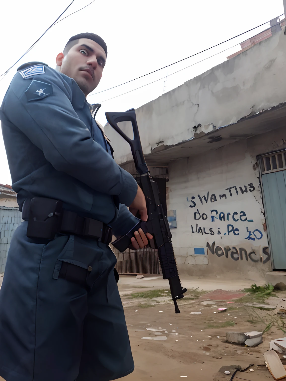 Uniformed man holding a gun in front of a building, Location ( favela _ PAREDE ), Directed by: Matteo Pérez, Directed by: Ramon Silva, Location ( favela ), soprar, by João Artur da Silva, Directed by: Luis Molinari, por Veno Pilon, by Gina Pellón, favelas, favela, Airsoft CQB