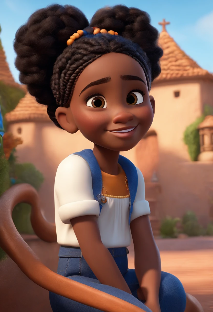 Um filme inspirado na Disney Pixar (YOUNG BLACK GIRL WITH BLACK BRAIDED HAIR,nariz fino,olhos pequenos, Wearing blue jins pants and a white blouse that doesn't reach her belly button ) dentro A cena estar na arte distinta do estilo PIXAR, descolada e estilosa