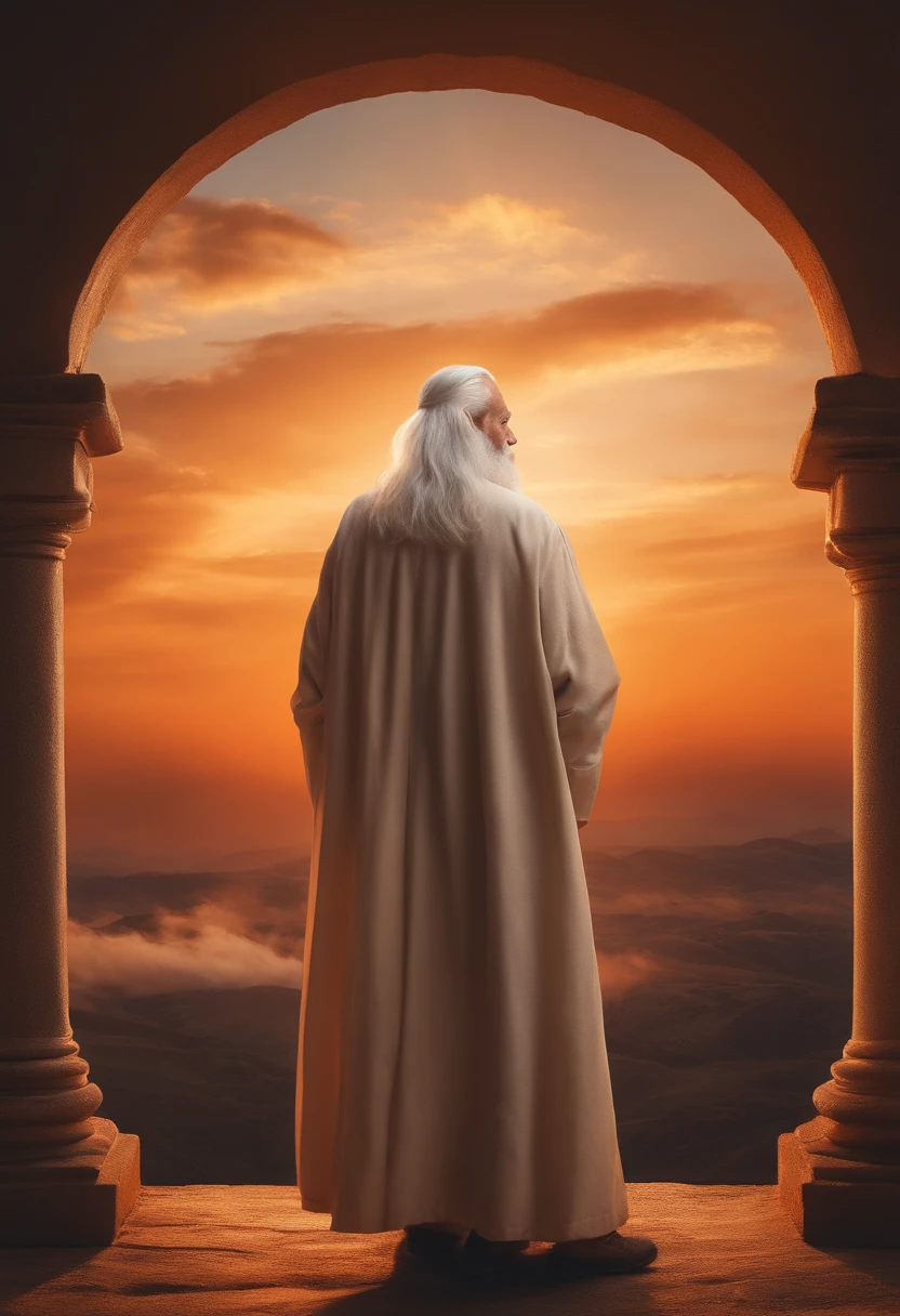 Create a wise man with the appearance of an old man with a beard and long white hair, Old clothes looking at orange sky image in 4k