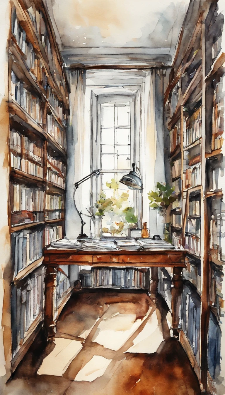 Modern ink style,Interior of modern library tubes,Modern iron desks with open books,A ray of sunlight shines through the square, modern framed window on the desk,Surrounded by modern bookshelves,White bookshelf