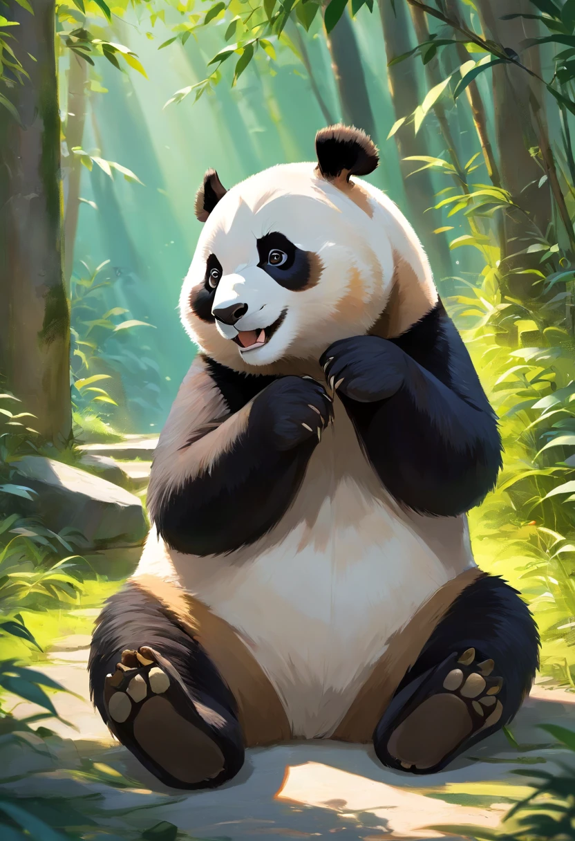 "By capturing the chic Chinese giant pandas、Generate Ultra HD images, Classic panda pose. Use advanced macro photography techniques、Highlight the intricate details of the panda's fur, Erect ears, Expressive eyes and tongue partially protruding. Place the camera at the panda's eye level, Create an intimate connection between the viewer and the panda subject. Achieve a large aperture for shallow depth of field, Gently make the panda stand out clearly against the blurred background. Improve lighting、Emphasize the texture and contours of the panda's body, Use of Software, Remove rough shadows、, Cosy atmosphere. Catch the panda in a relaxed position, But balanced, Show flexibility and elegance. Try to capture the moment with natural motion, Stretching, pubic hair beauty, etc., Convey realism. Implement post-processing techniques to improve image clarity, to contrast, and color balance, Protect all aspects, From the intricate pattern of the panda to its intense gaze, Rendered in amazing detail. finally, Convey the gentle beauty and inherent elegance of the panda, Pandas assimilate with bread、Capture fleeting moments,Celebrate the unique nature of pandas' curiosity and balance."