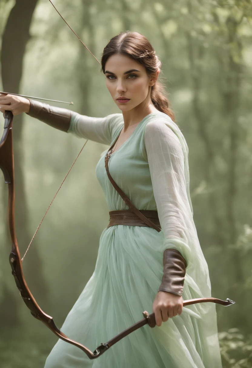 high quality, 8K Ultra HD. In this ethereal image, a beautiful archer is captured in a pale green mist; John Singer Sargent's precision highlights the woman's features, adds an enigmatic, yukisakura depth, stunning in full color,