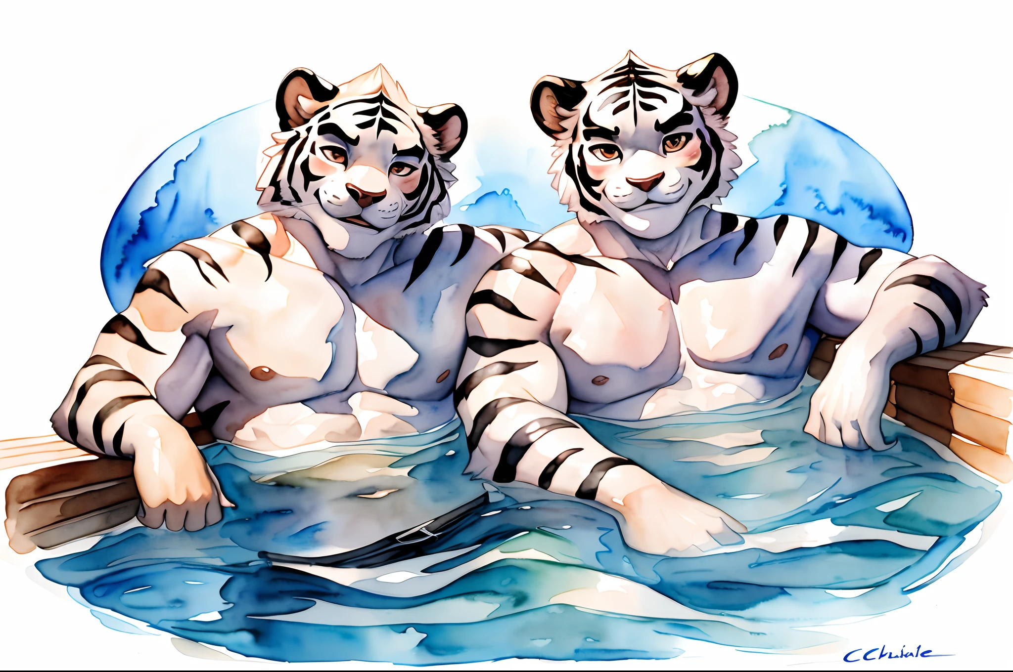 Hominidae, Pose for Camera. 4K, high resolution, Best quality, posted on e621, (Two anthropomorphic white tigers:1.2), Anthropomorphic white tiger, Two, male people, 20yr old, Thick eyebrows, Light blue stripes, Strong body, large pecs, ((Shirtless)), They are next to each other, Soak in the hot springs together, medium bulge, Pink milk clusters, Recline in natural hot springs, Partially submerged, spread thighs, stretched action, (sport, Muscular, Heavyweight:1.2), Correct anatomy, (White background, Watercolor background:1.1), (by Chunie, author:Taran Fidler:0.8), (Detailed eyes:1.2), Sexy, (cel-shaded:1.2), cartoon shading, (aquarelle:1.2), Smile, Be red in the face, (view the viewer:1.2), Bright eyes, Front view