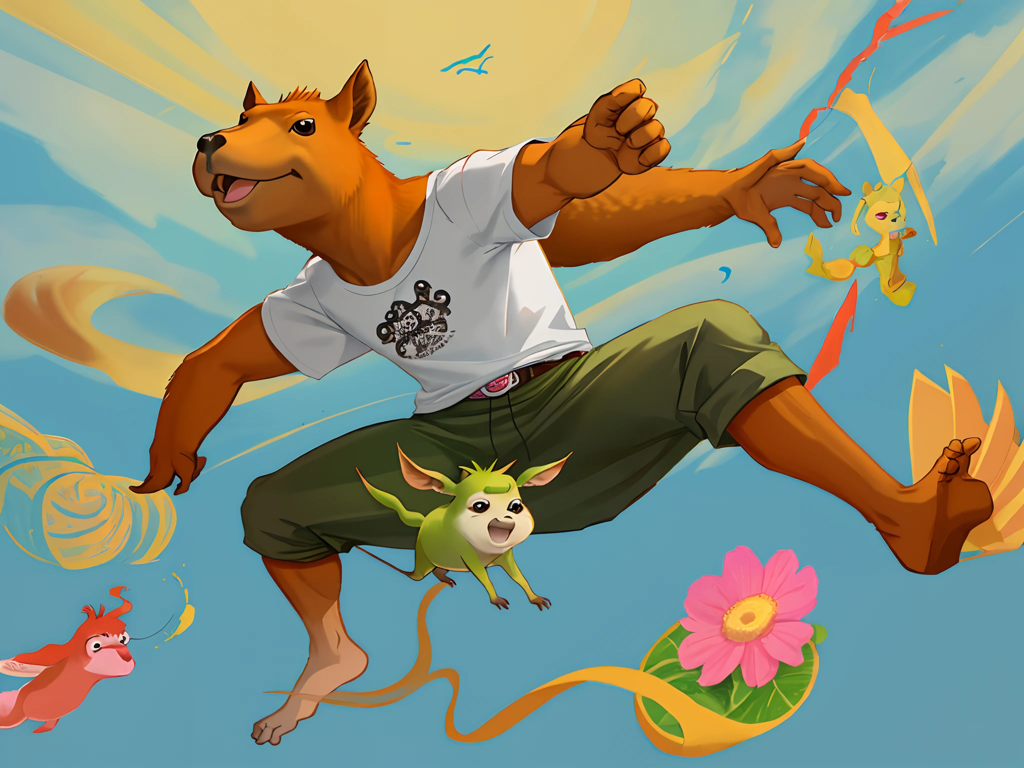 I want a funny capybara, com um jeito alegre e divertida estilo Disney Pixar. The capybara has to be happy and people-pleasing, be an attention-grabbing character, a capivara pode usar uma camiseta branca e laranjada e uma bermuda