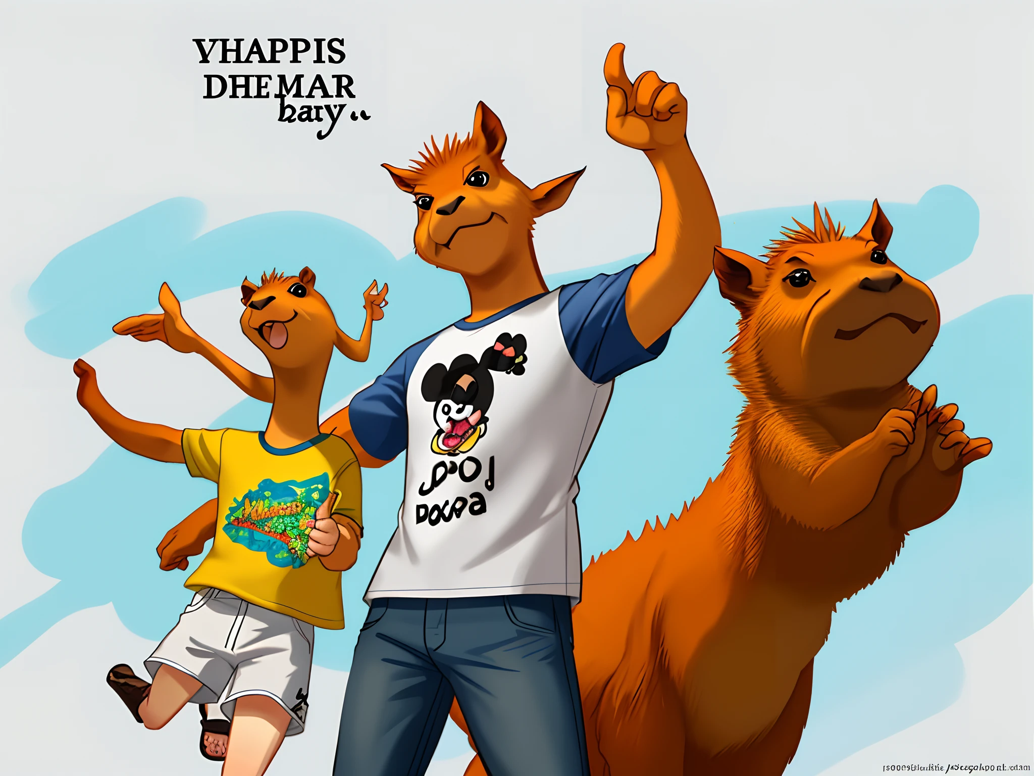 I want a funny capybara, com um jeito alegre e divertida estilo Disney Pixar. The capybara has to be happy and people-pleasing, be an attention-grabbing character, a capivara pode usar uma camiseta branca e laranjada e uma bermuda