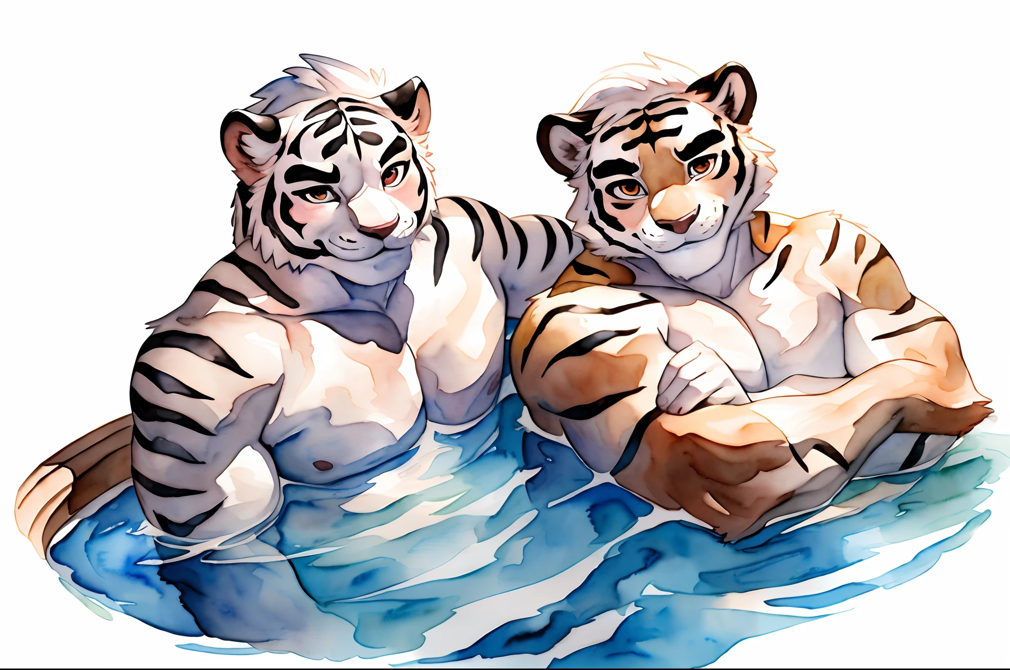 Hominidae, Pose for Camera. 4K, high resolution, Best quality, posted on e621, (Two anthropomorphic white tigers:1.2), Anthropomorphic white tiger, Two, male people, 20yr old, Thick eyebrows, Light blue stripes, Strong body, large pecs, ((Shirtless)), They are next to each other, Soak in the hot springs together, medium bulge, Pink milk clusters,  Recline in natural hot springs, Partially submerged, spread thighs, stretched action, (sport, Muscular, Heavyweight:1.2), Correct anatomy, (White background, Watercolor background:1.1), (by Chunie, author：Taran Fidler:0.8), (Detailed eyes:1.2), Sexy, (cel-shaded:1.2), cartoon shading, (aquarelle:1.2), Smile, Be red in the face, (view the viewer:1.2), Bright eyes, Front view