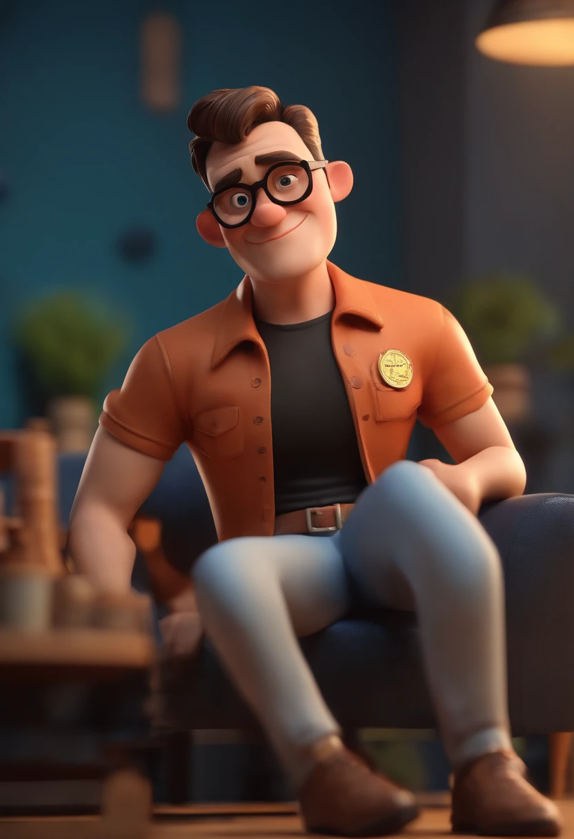 Cartoon character of a man wearing black glasses and a blue shirt, um personagem animado, Caractere estilizado, animation style rendering, 3D estilizado, Arnold Maya render, 3 d render stylized, toon render keyshot, Personagem 3D, Personagem 3D, 3d rendering stylized, 3 d character render, personagem de desenho animado, Personagem de close up, Pose de personagem, (Estilo Pixar) (master part:1.2) (Bokeh) (best quality) (pele detalhada) (textura detalhada) (8k) (argila) (Cinematic lighting) (foco nítido，Senta e vaza a parte superior do corpo