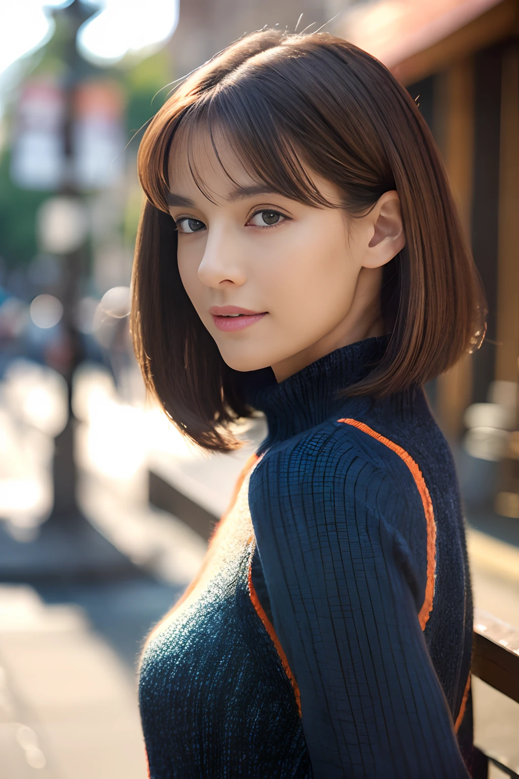 ((top-quality、in 8K、​masterpiece:1.3))、foco nítido:1.2、Beautiful woman perfect body:1.4、Slim abs:1.2、((Bob Heyer、straight haired:1.2))、(Dark orange knitwear、denim:1.1)、(Sateen、a street:1.2)、wetbody:1.5、Three-dimensional texture、A detailed eye、Brown hair、Very shiny hair、posterior view、Hair quality improvement