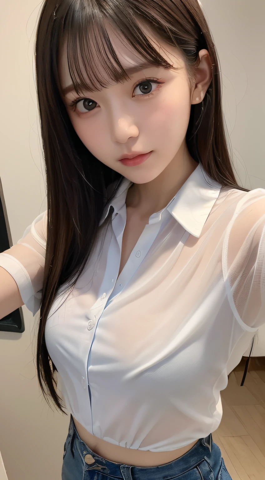 ((top-quality、8K、​masterpiece:1.5))、One girl、(Unhealthy face)、(Letter to)、Blunt bangs、(Lots of bangs:1.4)、(full body Esbian:1.4)、(Symmetrical face)、hyperdetailed face、Ultra detailed mouth、A detailed eye、Detailed ears、Slim Faces、(selfee:1.4)、(off shoulders)、(Armpit)、(Looking Up)、(From  above)、(Straight long hair、Ahoge:1.3)、(Upper Eyes)、the background is blurred、(Changing clothes:1.4)、(Sheer shirt:1.3)、(I see underwear:1.3)、lipgloss、(Beauty Salon)、(natural soft light:1.3)、