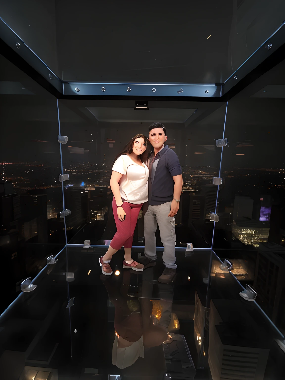 The image features a man and a woman standing together on a glass floor, possibly in a skyscraper or a high-rise building. They are posing for a picture, enjoying the view of the city from their elevated position. The glass floor provides a unique perspective of the urban landscape below. The couple appears to be happy and enjoying their time together in this remarkable setting.