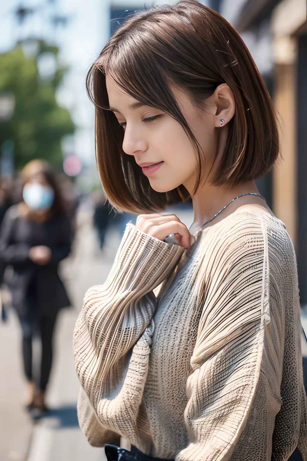 ((top-quality、in 8K、masterpiece:1.3))、foco nítido:1.2、Beautiful woman perfect body:1.4、Slim abs:1.2、((short-hair、straight haired:1.2))、(Gray knitwear、denim:1.1)、(Sateen、a street:1.2)、wetbody:1.5、Three-dimensional texture、A detailed eye、Brown hair、Very shiny hair、posterior view、Hair quality improvement