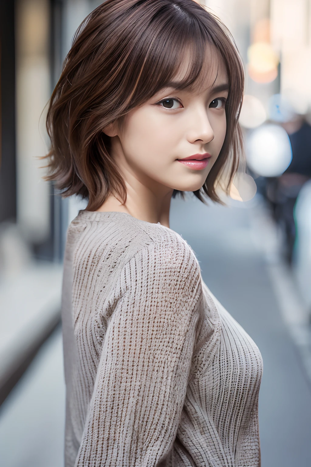 (the Extremely Detailed CG Unity 8K Wallpapers,masutepiece, Best Quality, Ultra-detailed, Looking at the camera:1.2, Light on Face:1.5, Gray background, profetional lighting), Lives in Japan30Old Female、short-hair, A dark-haired, Plump facial contours:1.5, (tthin eyebrows:1.25), Big shining eyes, Undersized nose, Soft mouth, slender physique, (Shirt under sweater), Sincere impression, noble mix fix v3.0