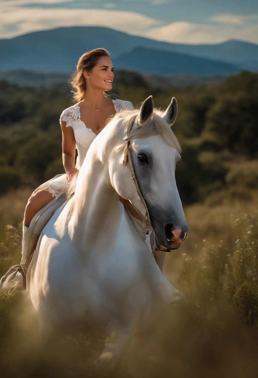 Crie uma mulher montando um cavalo, Um cavalo branco, galloping on a plain with greenish vegetation with strong sunlight, Dawn with a very blue sky, a menina parece feliz, She is smiling and is dressed in a very bright white dress and her face is very beautiful with very defined European features, dentes brancos, She has a black hat that matches her white dress, She holds the reins of the horse, a menina tem sapatos pretos, behind you can see the mountains in the distance, que seja o cavalo inteiro com a menina e seu contorno.