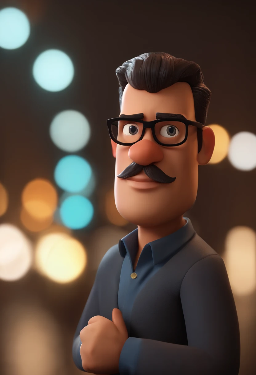 Cartoon character of a man wearing black glasses and a blue shirt, um personagem animado, Caractere estilizado, animation style rendering, 3D estilizado, Arnold Maya render, 3 d render stylized, toon render keyshot, Personagem 3D, Personagem 3D, 3d rendering stylized, 3 d character render, personagem de desenho animado, Personagem de close up, Pose de personagem, (Estilo Pixar) (master part:1.2) (Bokeh) (best quality) (pele detalhada) (textura detalhada) (8k) (argila) (Cinematic lighting) (foco nítido