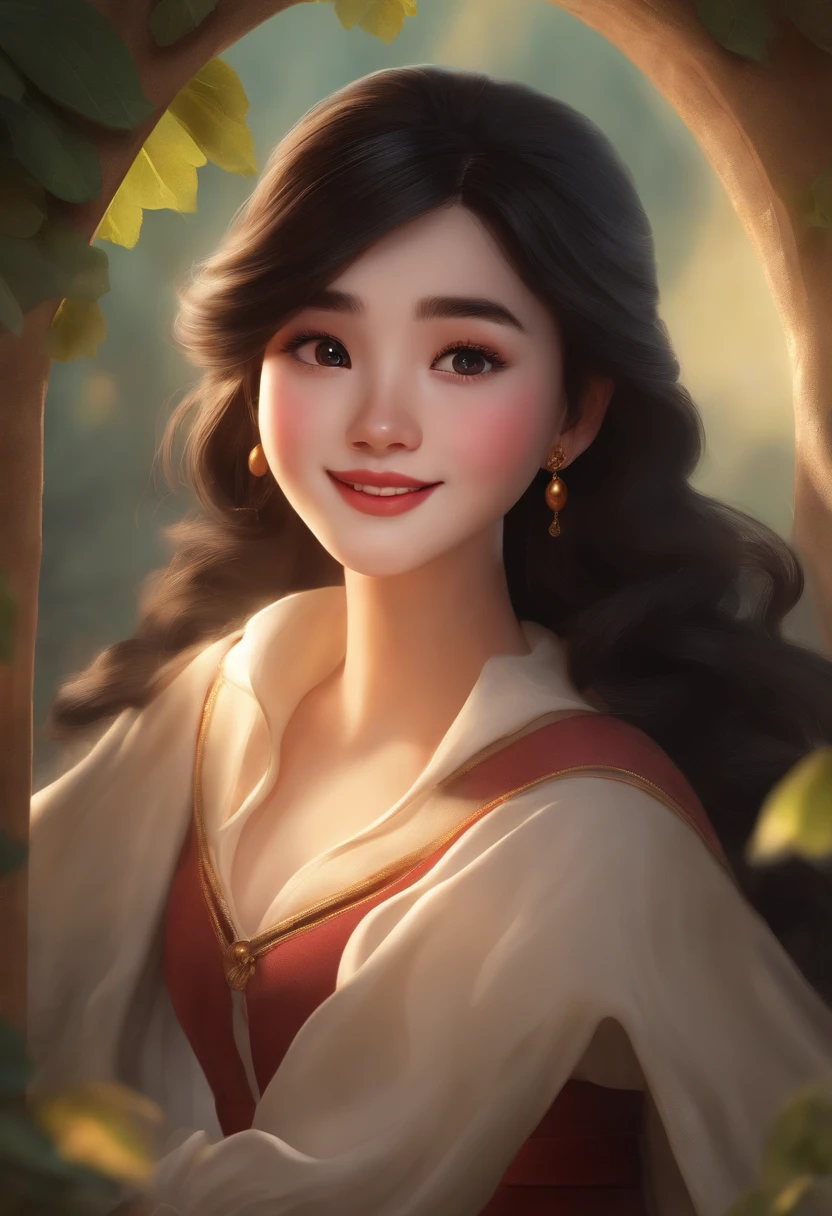A smiling girl with black hair and a delicate face, facing the audience, is the centerpiece of the scene. The image will be of the best quality with ultra-fine details and the best shading. The style of the image will be in the Disney style, capturing the charm and magic of their animations. The lighting will be the best, with cinematic light that highlights the girl's features and creates a beautiful atmosphere. The girl's skin tone will be fair, adding to her ethereal beauty.