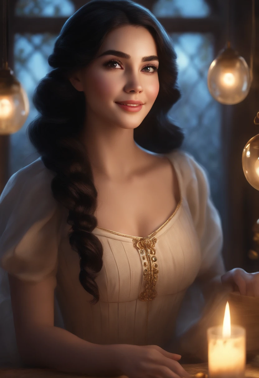A smiling girl with black hair and a delicate face, facing the audience, is the centerpiece of the scene. The image will be of the best quality with ultra-fine details and the best shading. The style of the image will be in the Disney style, capturing the charm and magic of their animations. The lighting will be the best, with cinematic light that highlights the girl's features and creates a beautiful atmosphere. The girl's skin tone will be fair, adding to her ethereal beauty.