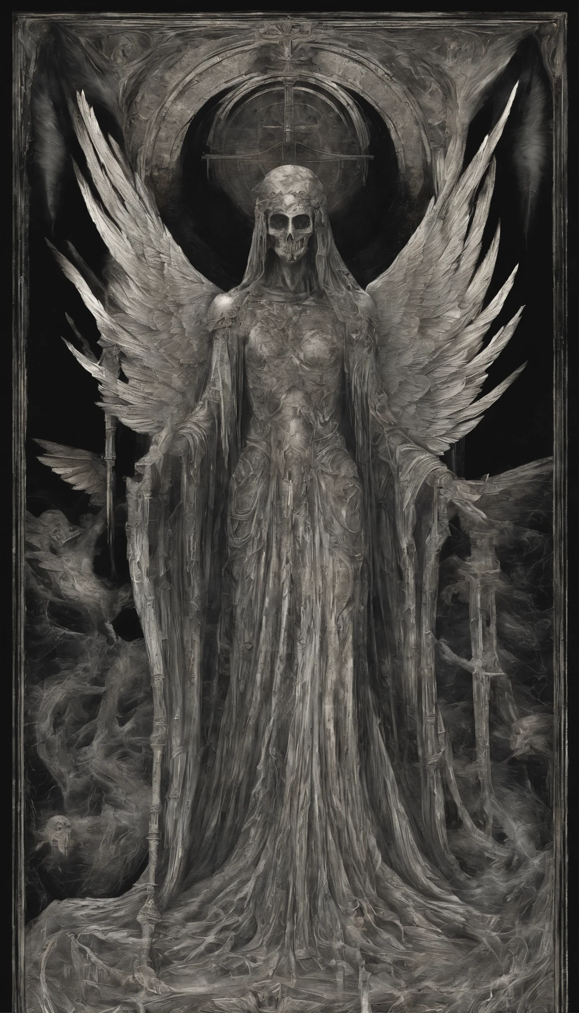 I want a divine faceless being who is supreme and with wings and golden celestial armor accompanied by an army of angels