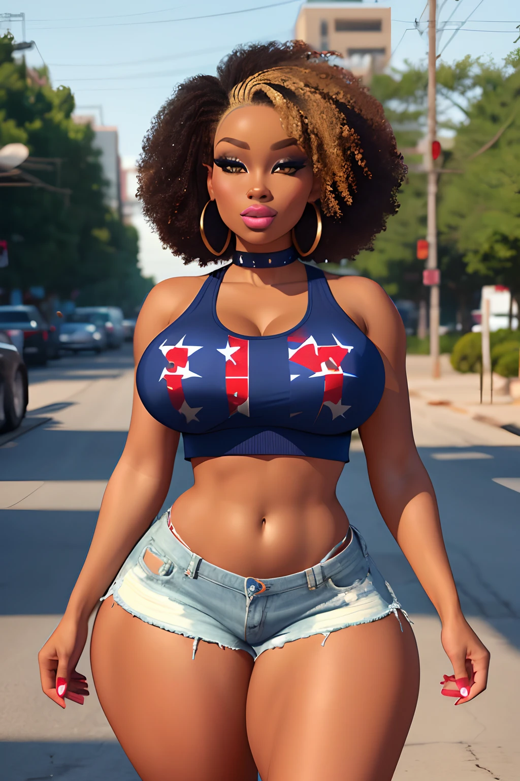 dark brown afro, confederate flag crop top, wide hips, thick thighs, detailed, high resolution, masterpiece, (hyper thick lips:1.2), (ThePit Bimbo:1.2), (African woman:1.2), (hoop earrings:1.0), denim booty shorts