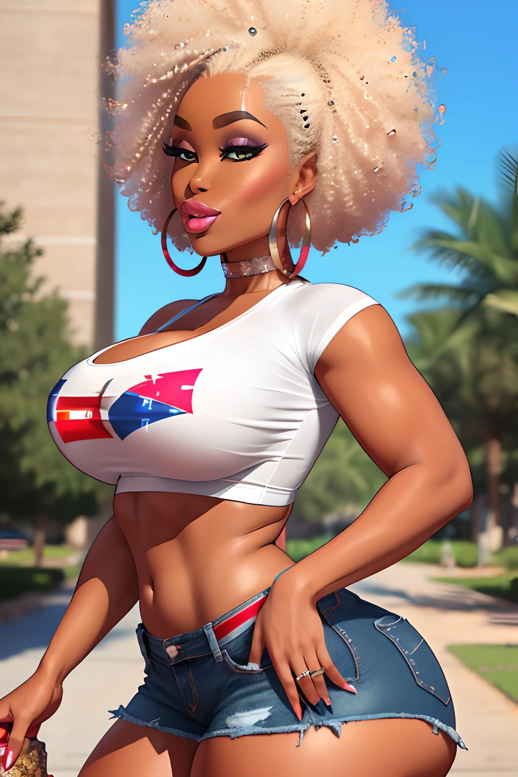 dark brown afro, confederate flag crop top, wide hips, thick thighs, detailed, high resolution, masterpiece, (hyper thick lips:1.2), (ThePit Bimbo:1.2), (African woman:1.2), (hoop earrings:1.0), denim booty shorts