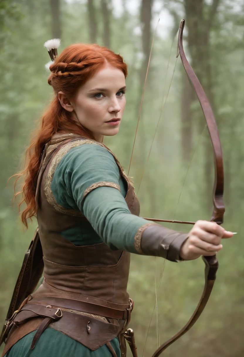 high quality, 8K Ultra HD. In this ethereal image, a beautiful red-haired archer is captured, standing athletically in a pale green mist; John Singer Sargent's precision highlights the woman's features, adds an enigmatic, yukisakura depth, stunning in full color,