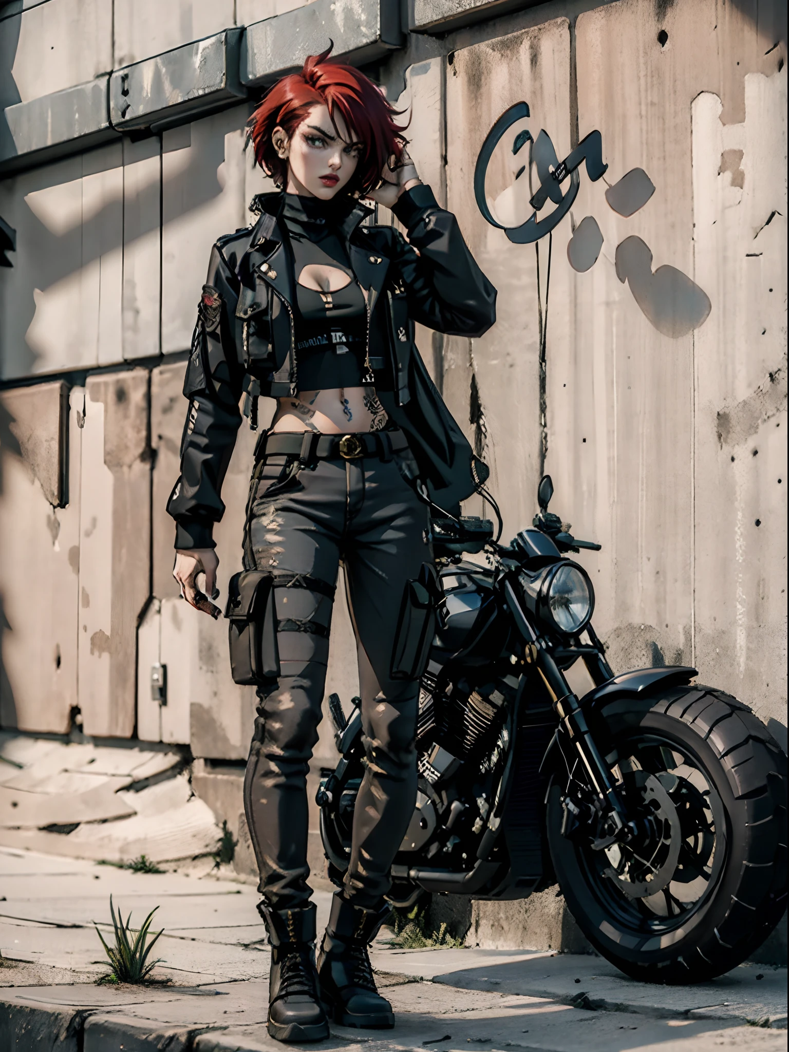 Best quality, masterpiece, ultra high resolution, surrealism, a 25 years old female, perfect body, red sharp lipstick, shaved punk hair, assassin, biker jacket with studs and patches, cargo military pants with boots, seductive looking, dark, perfect skin, holding a machine gun, evil look in her eyes, sharp nose, sharp lips, small breasts, she standing in sexy tough pose, many tattoos, full body standing on cement floor, staring at camera with her sharp eyes, (realistic features and very long legs), she’s in the shadows