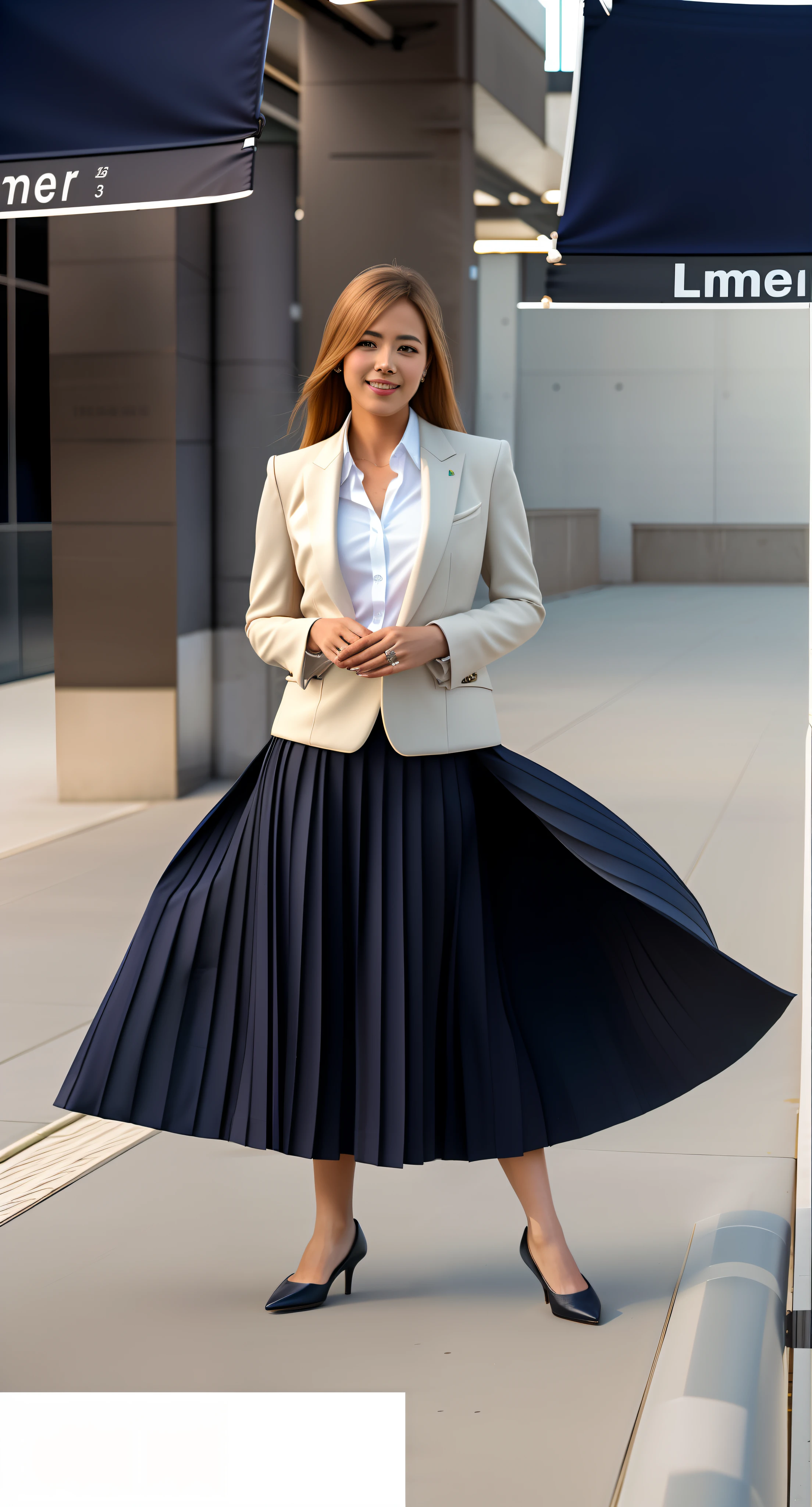 (shy:1,2) (smiling;1,1) woman playing with skirt, dancing, wearing short blazer and very very detailed (long (fully pleated) full circle skirt) and (simple) low heeled office shoes, very very intricate hyper-detailed symmetric (attractive graceful young feminine face) with (sad, tired eyes and a shy smile), large breasts, full of empathy and compassion and love, (pronounced (feminine) features), (highly detailed ultra accurate realistic) hands and fingers, (windy conditions and wind blowing), epic composition, highly detailed attributes, highly detailed space station background, (35mm f1.4 Kodak portra 400 photograph), extremely high quality RAW photograph,