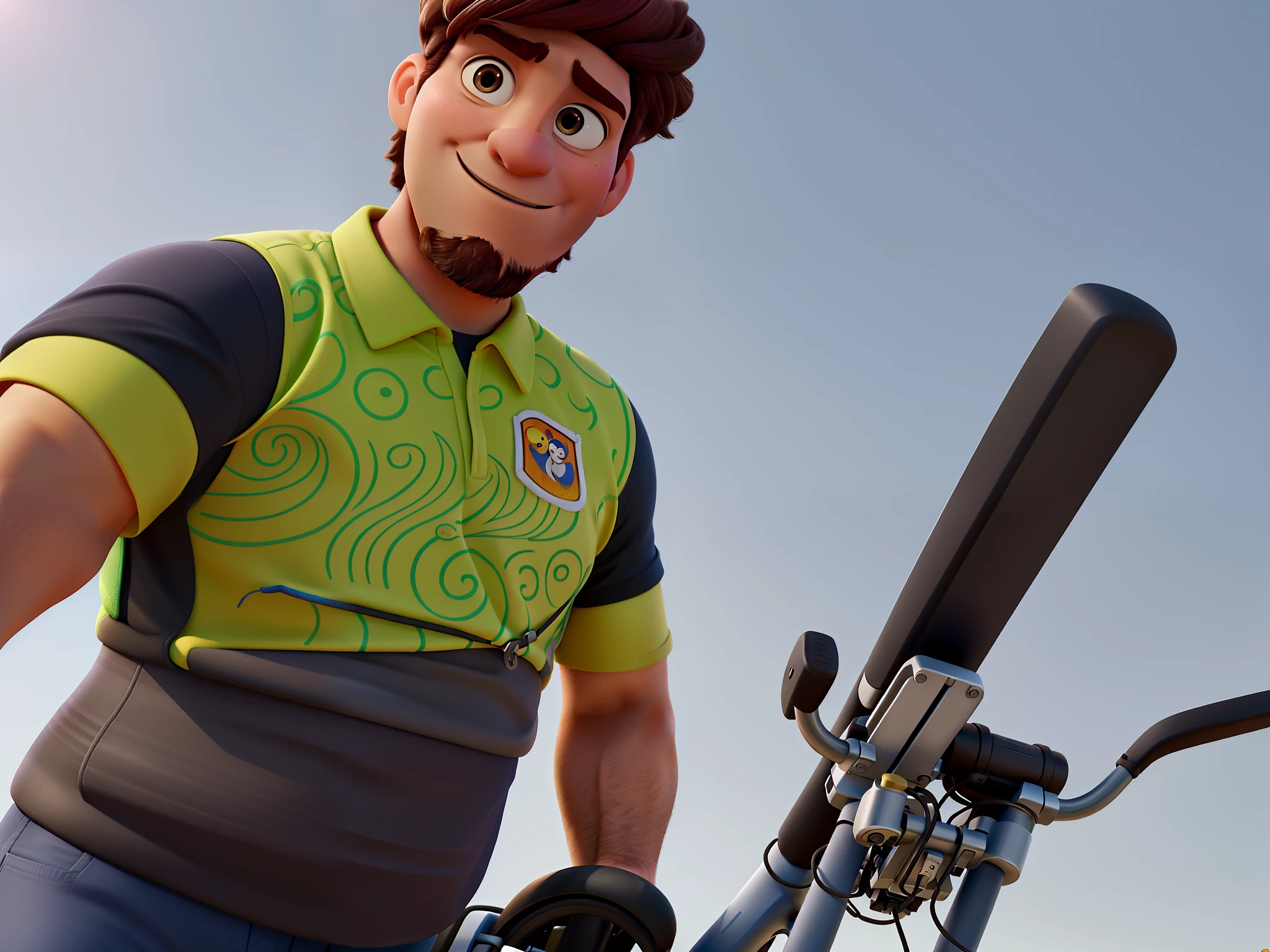 Poster no estilo disney pixar. Um homem moreno estilo disney pixar, encima de uma bicicleta, cabelo raspado da cor preto, olhos da cor preto, alta qualidade, melhor qualidade
