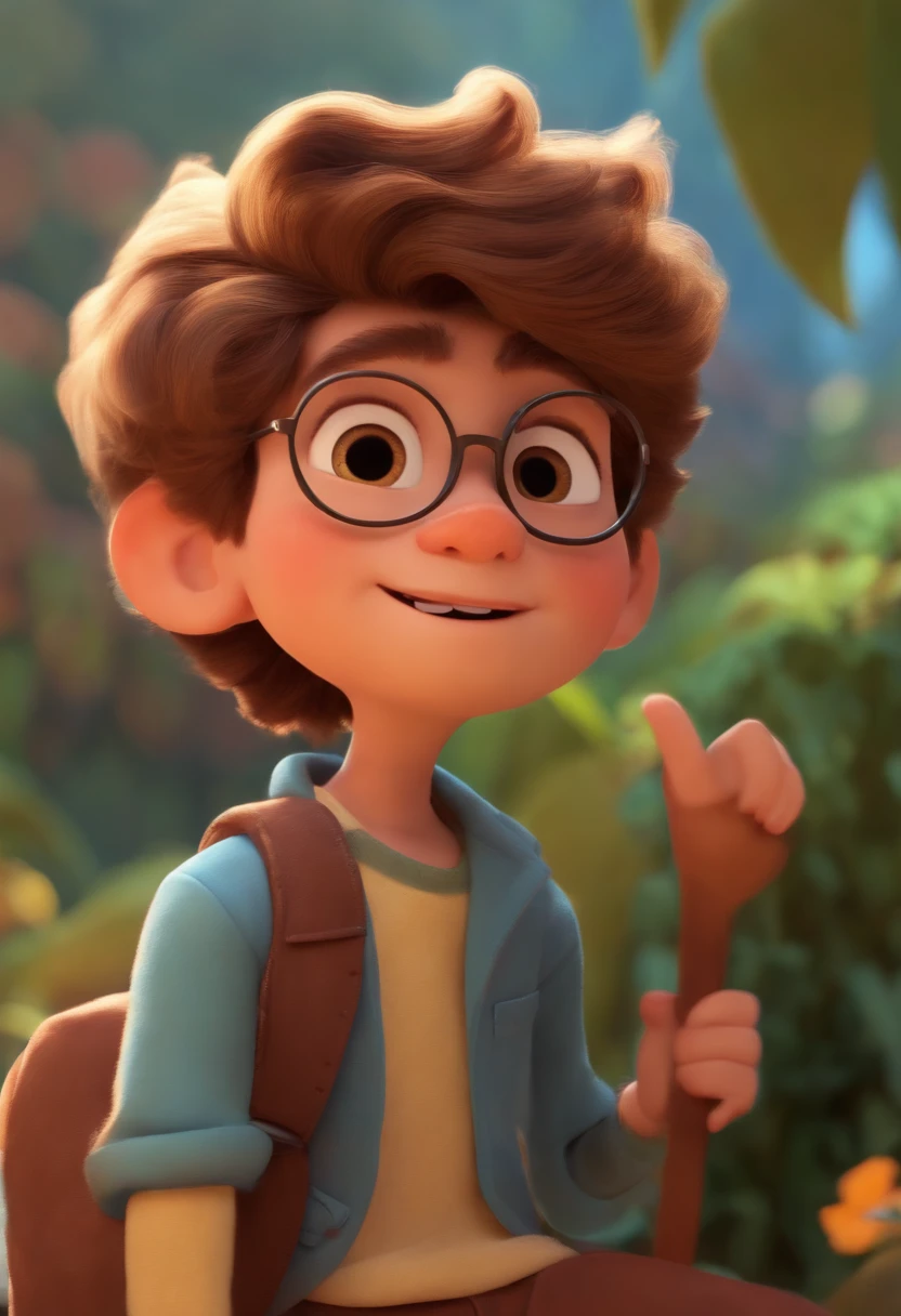 Image of a boy for a story in a YouTube video in Pixar format, He's the little allabester, He's the class leader, He's outgoing, Playful and gets up for a lot of things, oculos redondo e careca