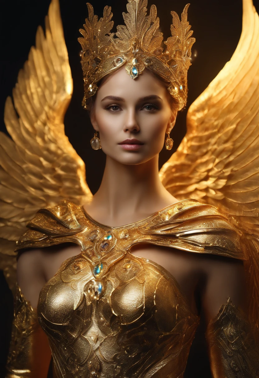 Angel of Light with a Cosmic Golden Armor, olhos claros brilhantes, Biomechanicals, estranho, assustador, Pesadelo, cores muito brilhantes, light particles, com luz brilhante, Mshiff, Arte do papel de parede, Papel de parede UHD