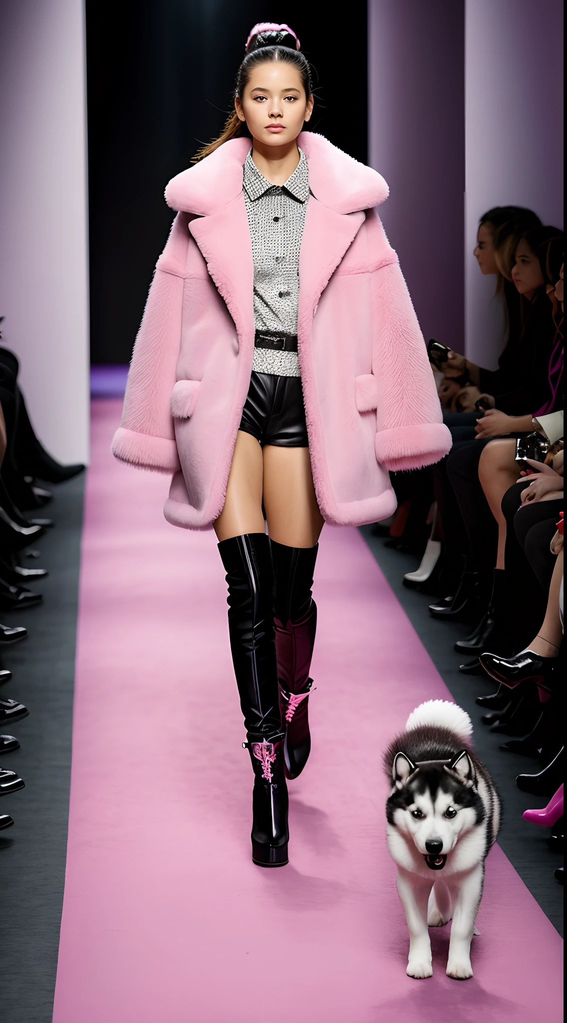 (Close-up of a girl in a pink coat leading a little husky dog on the runway), gucci catwalk, catwalks, walking down the catwalk, highly fashionable,!!! Husky puppy! 2 0 2 0 fashion, gucci clothes, catwalk photo, Little white husky dog in a pink dress, Furry style, fur attire, fluffy'', he wears a big coat