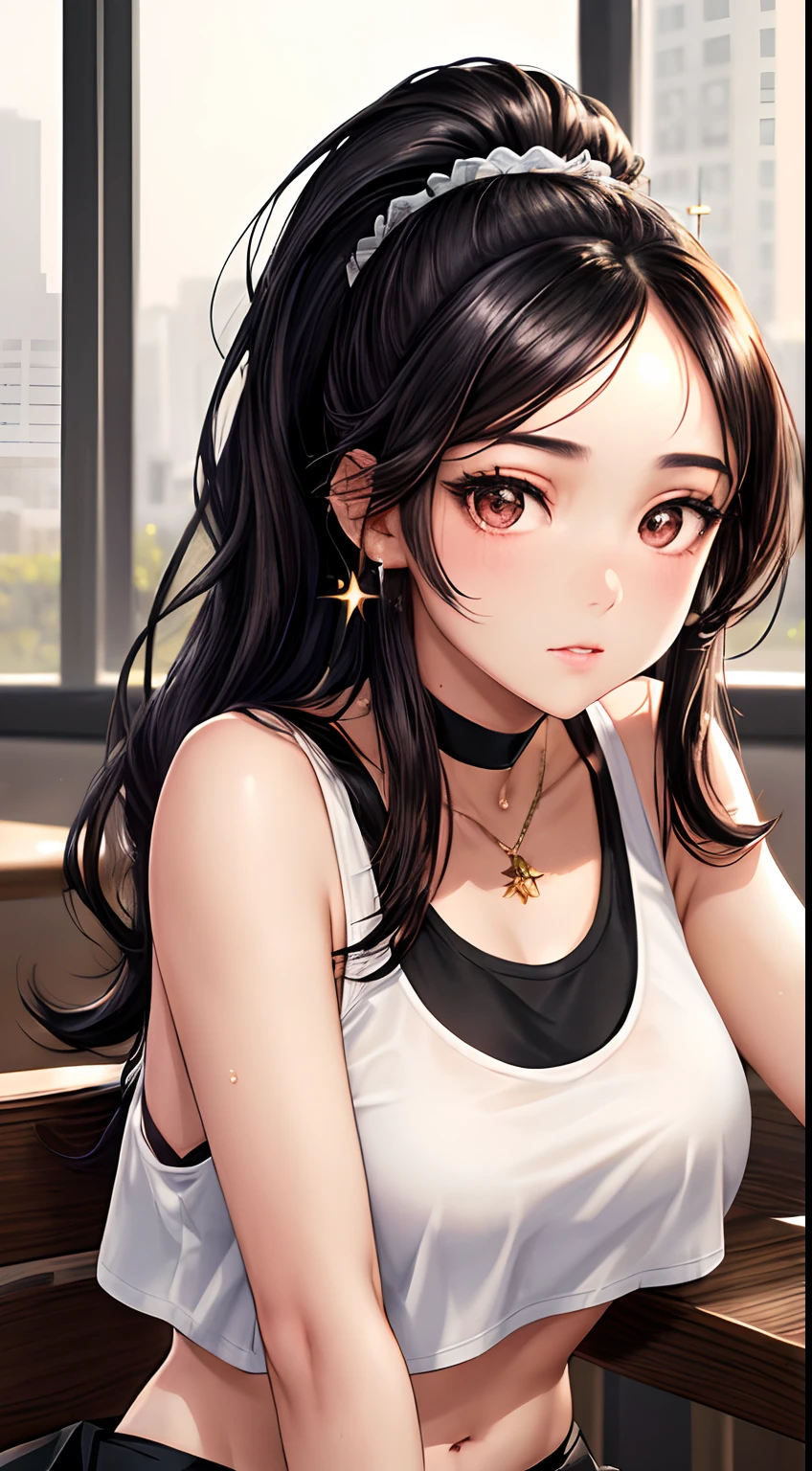 a potrait of beautiful young woman sit in the cafe, black hair, high ponytail, long hair, brown eyes, (finely detailed eyes: 1.2), white super tight tank top, crop top, black super tight skirt, close-up, sparkle, bloom, (masterpiece), best quality