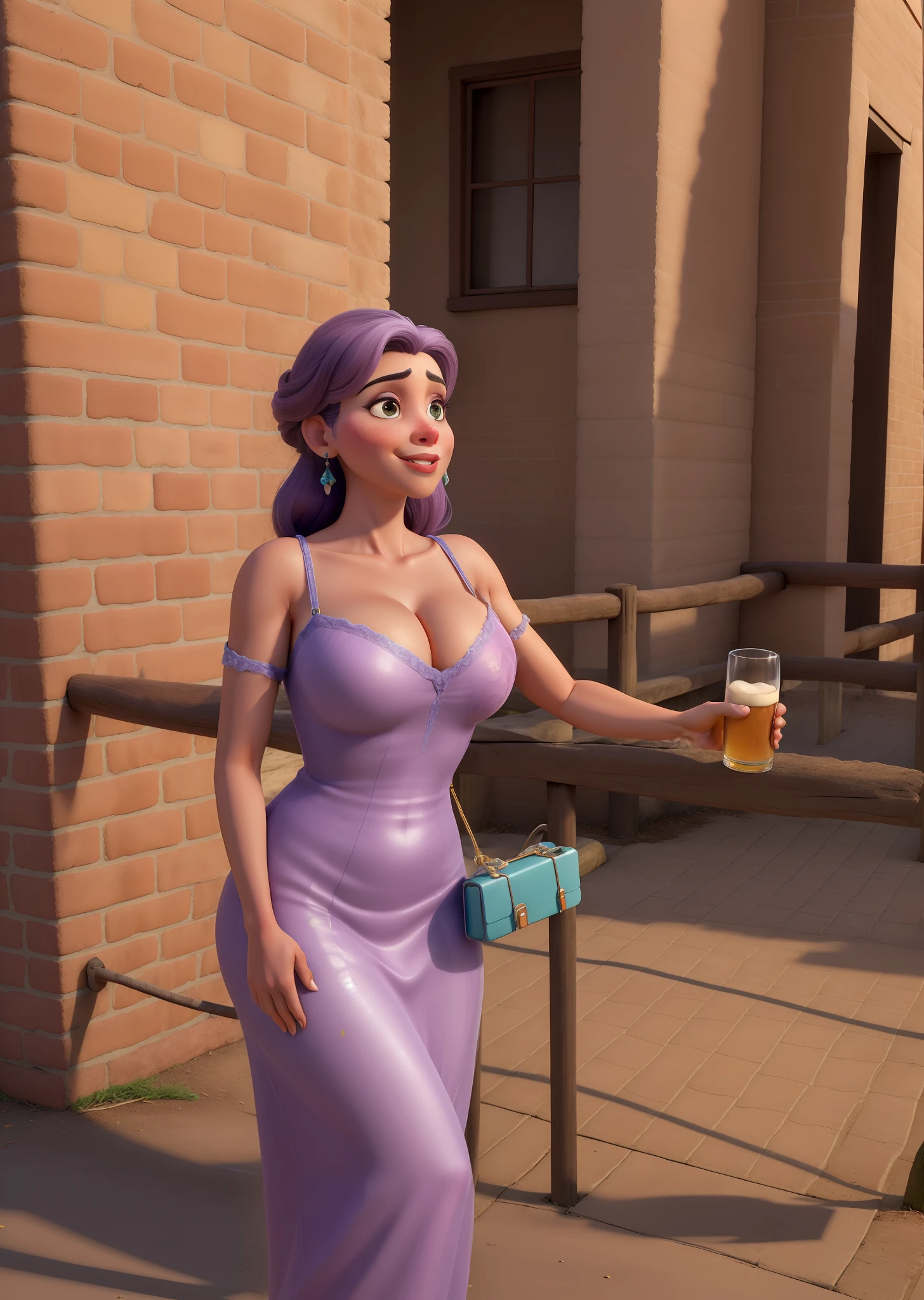 obra-prima, de melhor qualidade, uma jovem de 30 anos , Wearing sexy lilac, cabelos longos ,Standing in the park holding a glass of beer. (melhor qualidade,4k,HDR),Estilo Pixar, Retrato natural,deslumbrantes olhos pretos,pele parda escura,cabelos pretos com mechas loira lisos,beautiful face,delicate features,lovely smile,postura confiante,iluminada pela luz suave do dia,fundo do horizonte da cidade,sombras sutis,dynamic compositing,cores vibrantes,meticulous attention to detail,Playful behavior,atmosfera acolhedora e convidativa,Flawless rendering,Texturas realistas,ultra-detailed facial expression,expressive lips,fios de cabelo macios e brilhantes,Subtle and sexy makeup enhancing your natural beauty,terno perfeitamente adaptado acentuando sua figura, but affordable,Creative and inspiring spirit,retrato capturando movimento gracioso e postura equilibrada,Creating a sense of movement and energy in the artwork,Breathtaking clarity and sharpness,efeito tridimensional imersivo,perfect  lighting,Illuminating your features in a flattering way,paleta de cores equilibrada e refinada,com estalos de tons vibrantes,melhorar o impacto visual geral,Finding the right balance between realism and stylization,showing her in a moment of triumph and confidence,uma obra-prima atemporal,Showing the beauty and strength of the modern and sexy woman.