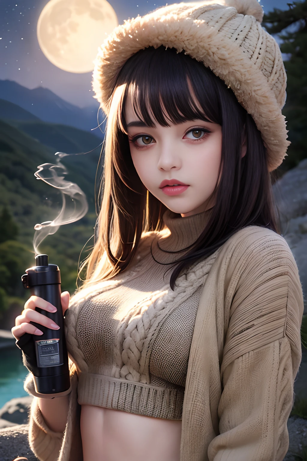 1girl, Selena Gomez, masterpiece, best quality, ultra-detailed, solo, outdoors, (night), mountains, nature, (stars, moon) cheerful, happy, mountain boots, gloves, mini sweater top, bare belly, hat, flashlight, forest, rocks, river, wood, smoke, shadows, contrast, clear sky, analog style, (look at viewer:1.2), (skin texture), close up, cinematic light, sidelighting, ultra high res, best shadow, RAW, upper body, wearing pullover top