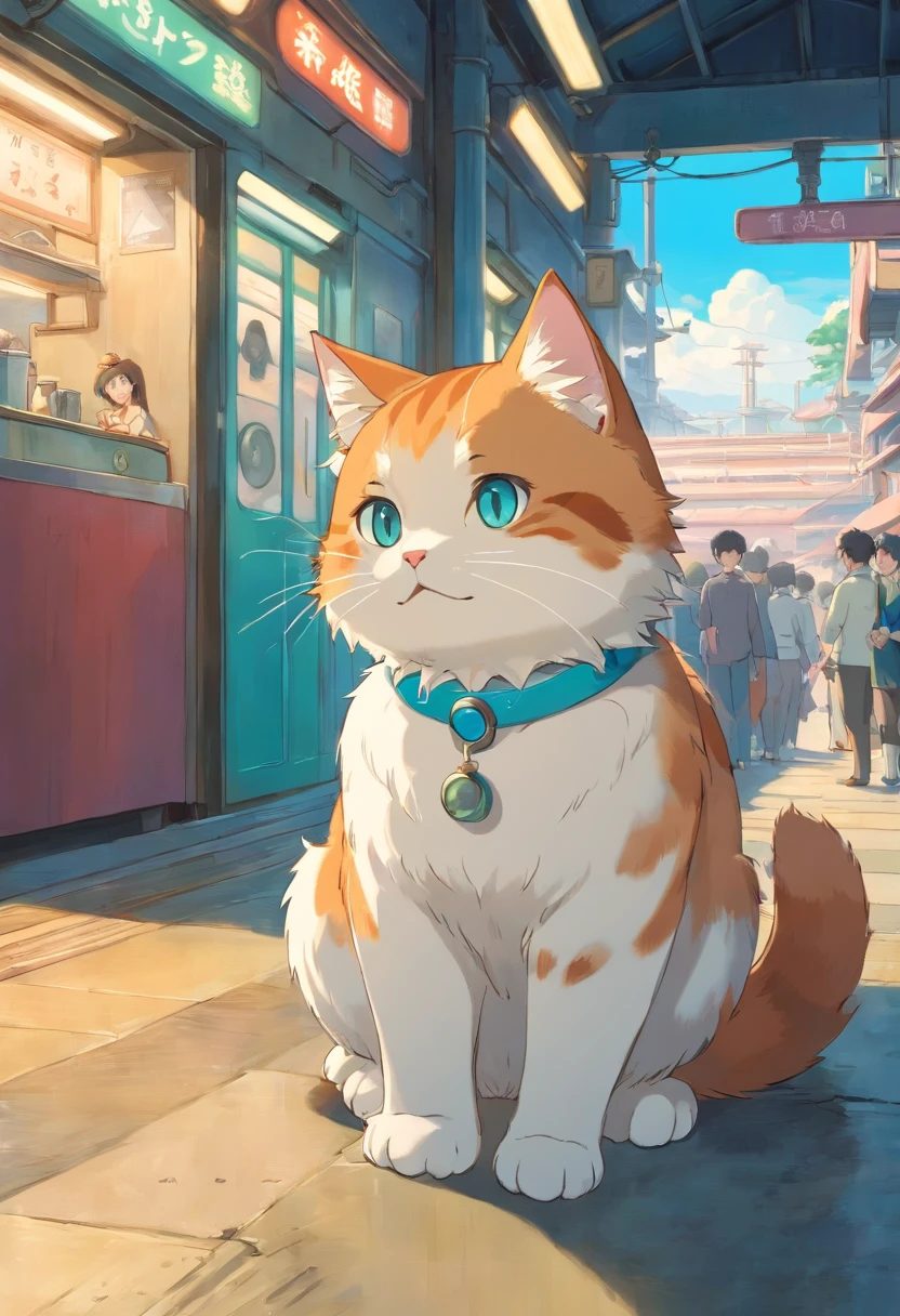 There's a cat at the station,This cat is so cute、Cats are being petted and fed by everyone,animated color photos, Masami Teraoka, aquamarine, Paulo Gauguin, Estilo Embry, retrato honesto